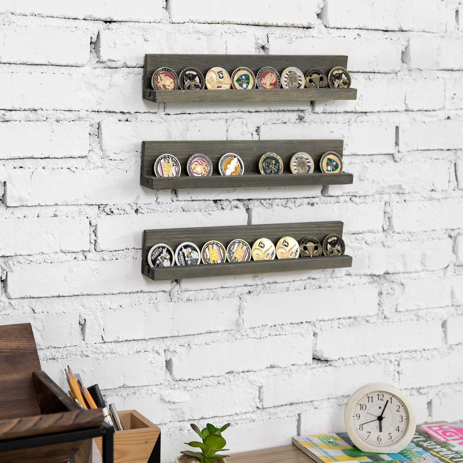 MyGift Challenge Coin Holder Wall Mounted Vintage Gray Wood Casino Chip Display Shelf, Single Row Military Coin Showcase Rack, Floating Shelves Set of 3