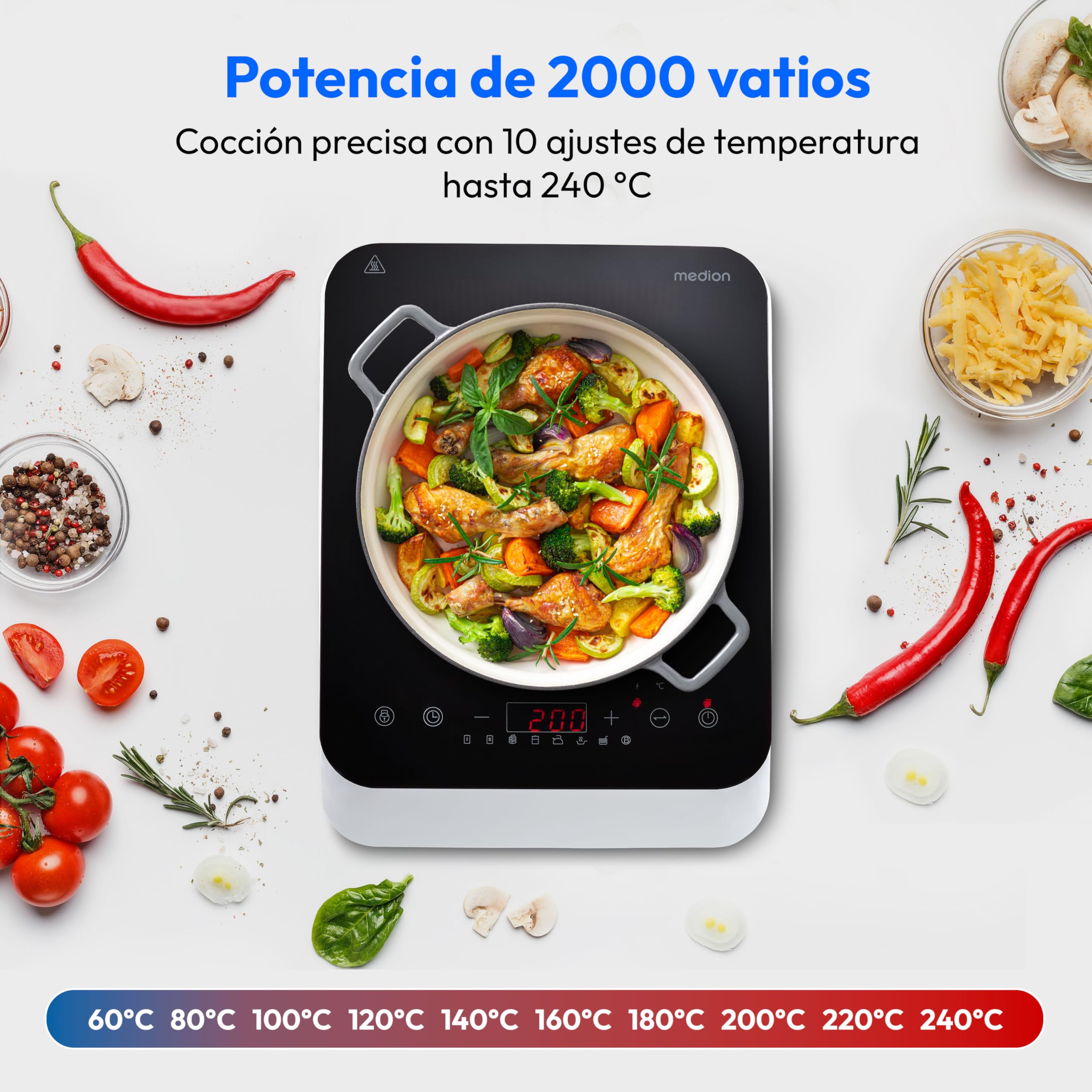 MEDION Placa de inducción (individual, 2000 vatios, placa de inducción, 8 programas automáticos, detección automática de ollas, sensor táctil, pantalla LED, 10 ajustes de temperatura, placa de cristal