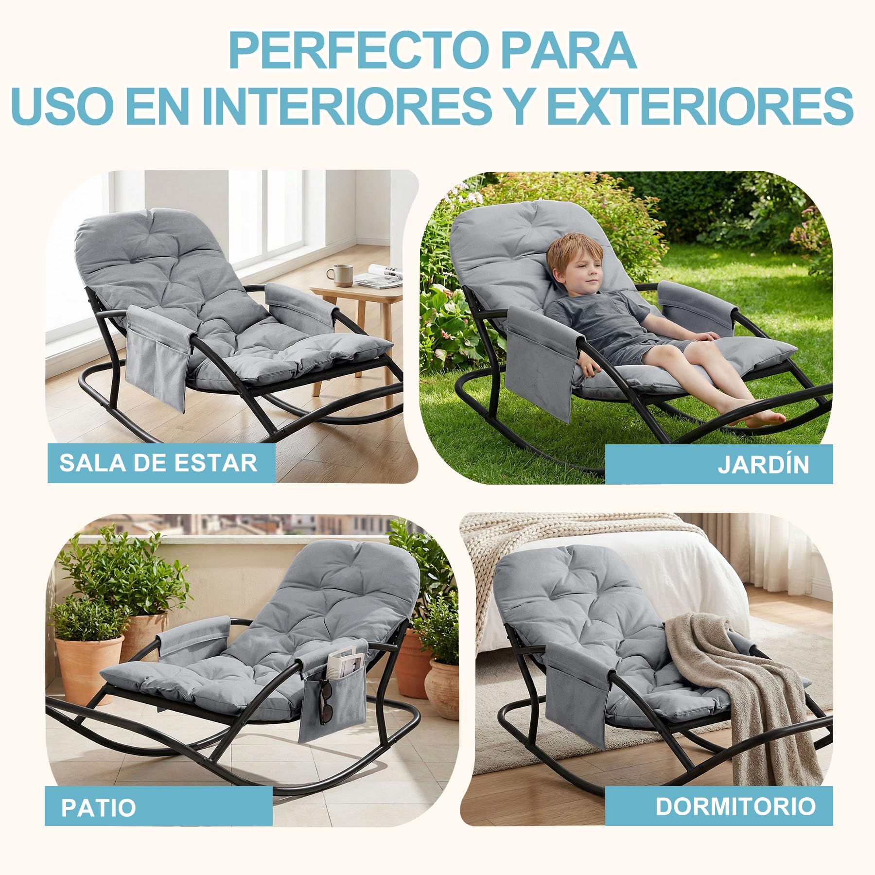 Sillón Mecedor Exterior, Silla Mecedora Papasan con Cojín y Estructura de Metal, Soporte para Pies, para Dormitorio, Salón, Terraza, Jardín, Balcón, Capacidad de Carga 120 kg, Tela técnica