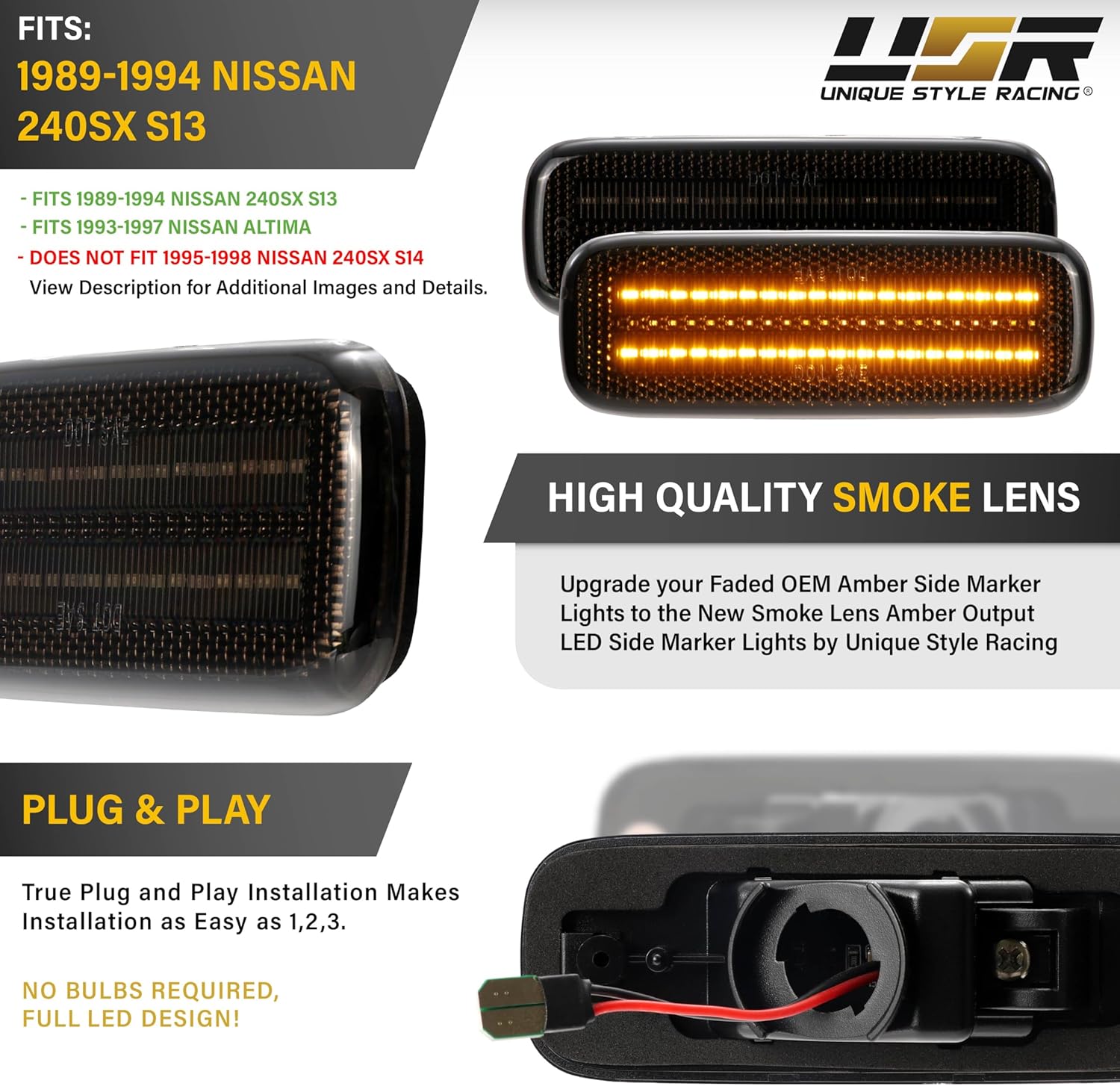 USR 89-94 S13 Front Side Marker Light – Parking Lamps (Left + Right) Pair - Compatible with 1989-1994 Nissan 240SX, 180SX, Silvia, Pig Nose / 1993-1997 Altima All Models (SMOKE LENS with AMBER LED)