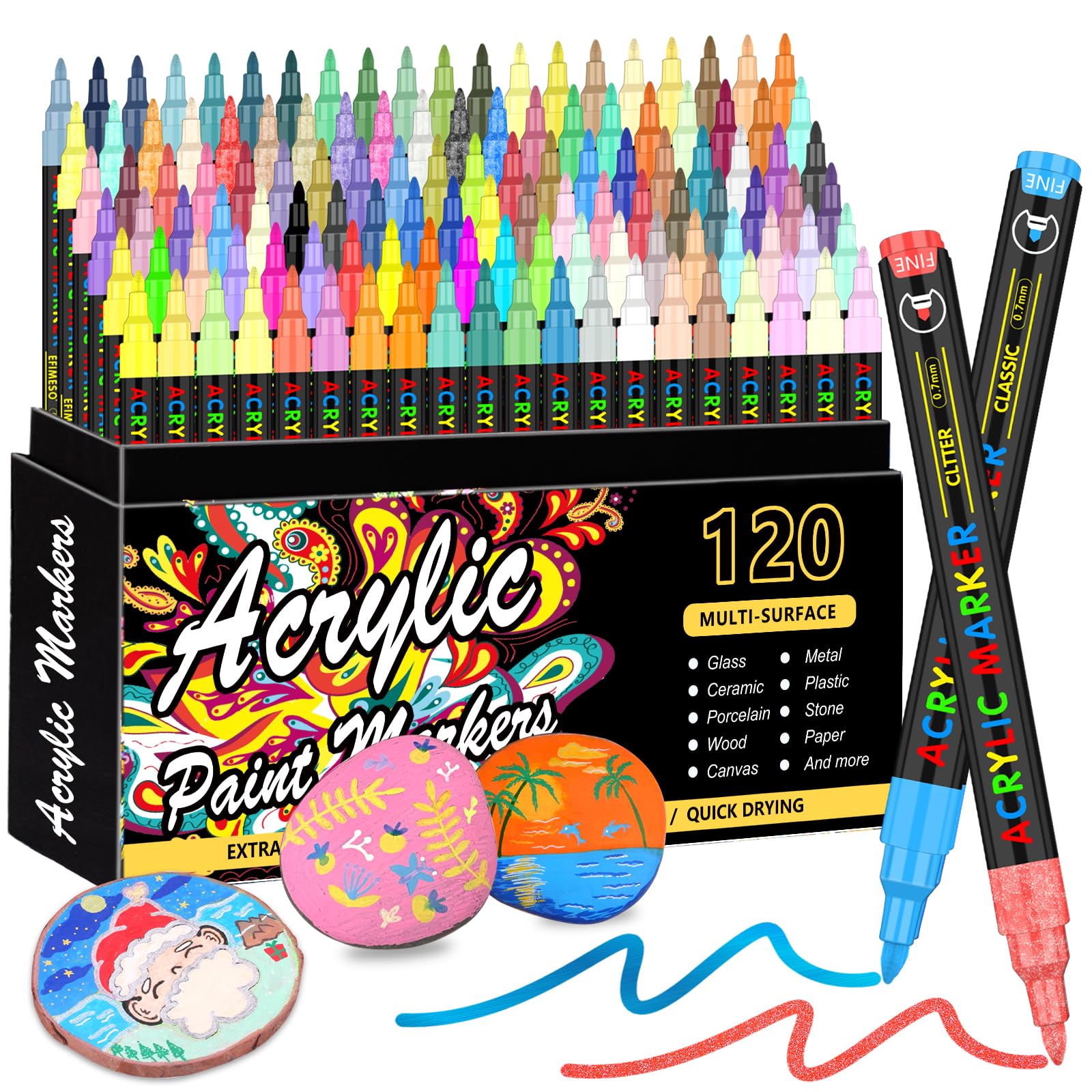 120 Colors Acrylic Paint Markers, Extra Fine Tip for Rock Painting, Canvas, Wood, Ceramic, Glass - Quick-Dry & Non-Toxic