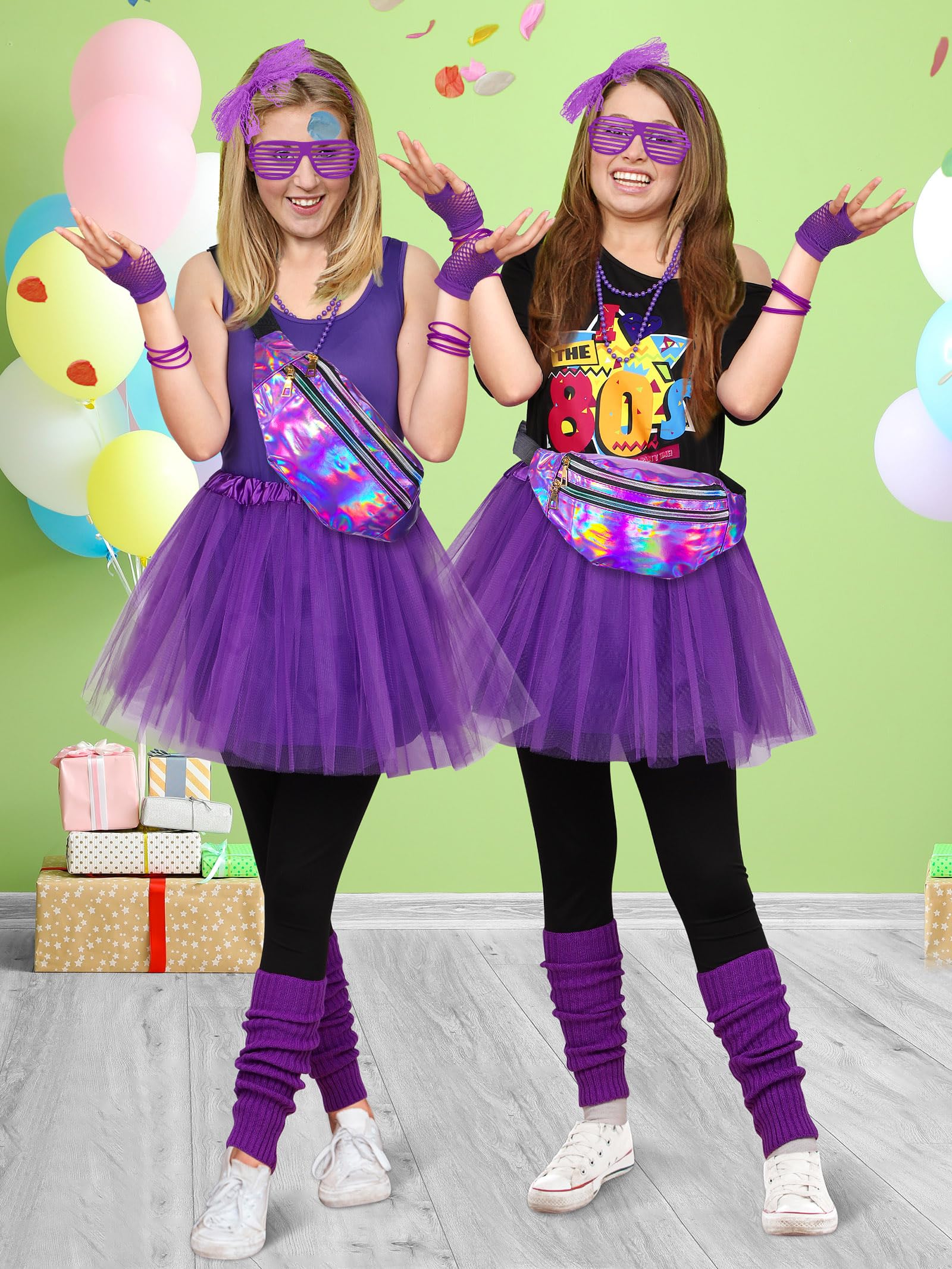 AOTHSO 24 Stücke Halloween Frauen 80er Jahre Kostümzubehör Set 80er Jahre Cosplay T-Shirt Tutu Hose Racerback Top Fanny Pack Handschuhe Beinwärmer für Party