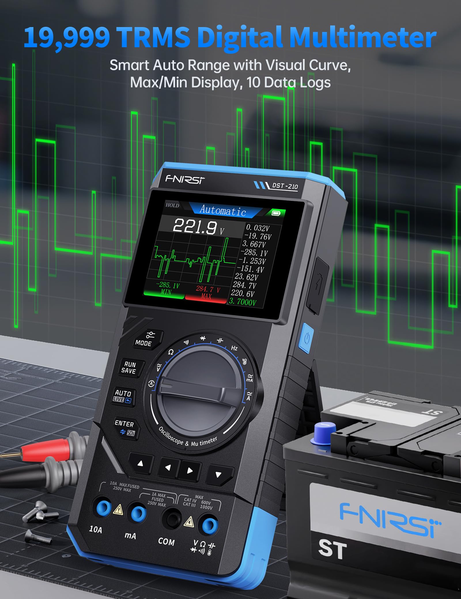 FNIRSI DST-210 Oscilloscope Portable, Bande Passante 10MHz, 19999 Points, Oscilloscope Numérique, Multimètre, Générateur DDS 3 en 1, Fréquence D'échantillonnage 48Méch./s, Test de Tension CA/CC