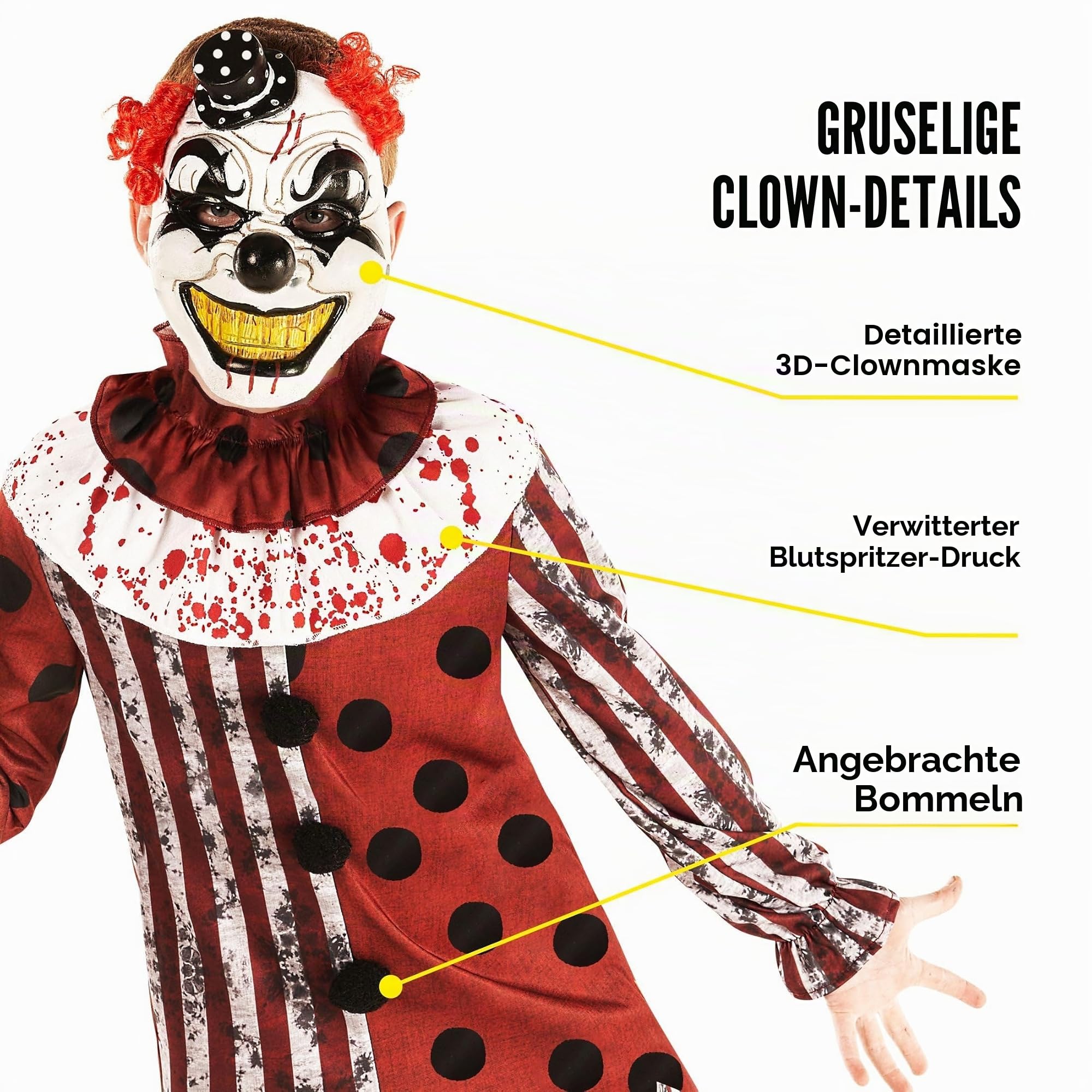 Morph Clown Kostüme für Kinder, Halloween Kostüm Kinder Clown, Horrorclownkostüm Kinder, Kinder Kostüm Clown, Clown Kostüm Jungen in 5 Größen (3-4 Jahre, S, M, L, XL)