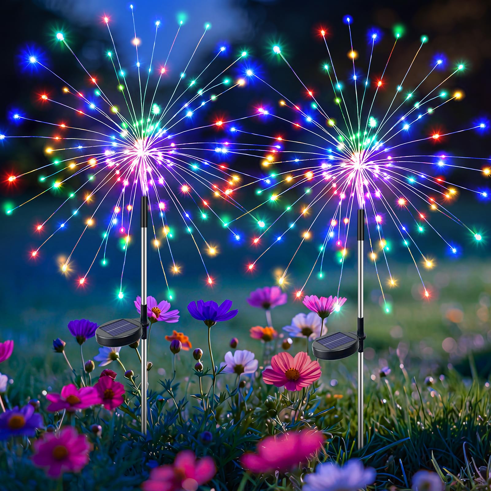 btfarm 2 Pack Solar Lights Outdoor Garden, 120 LEDs Solar Firework Lights 8 Modes, Starburst Decorative Light Powered Waterproof for Yard Lawn Patio Party Pathway Landscape Wedding Decor, Multicolor