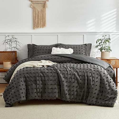 Miniatura 6 de Juego de edredón de 7 piezas con lunares copetudos, tamaño Queen con sábanas grises, edredones bohemios suaves y bordados, color sólido con diseño