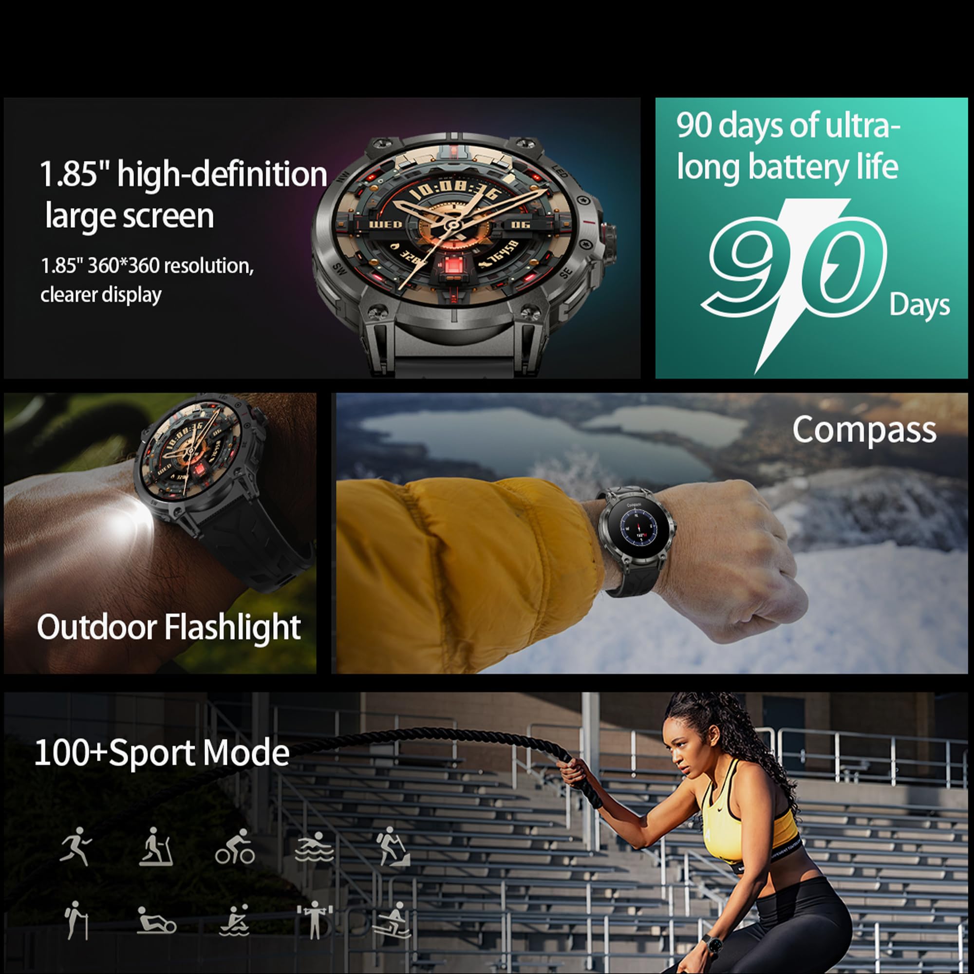 AMOLED Męski smartwatch 1,85" z połączeniem Bluetooth 5,2, kompatybilny z Samsung Huawei, Xiaomi, Android, iOS, krokomierz, GPS, 123, sportowy, miernik tętna (srebrny)