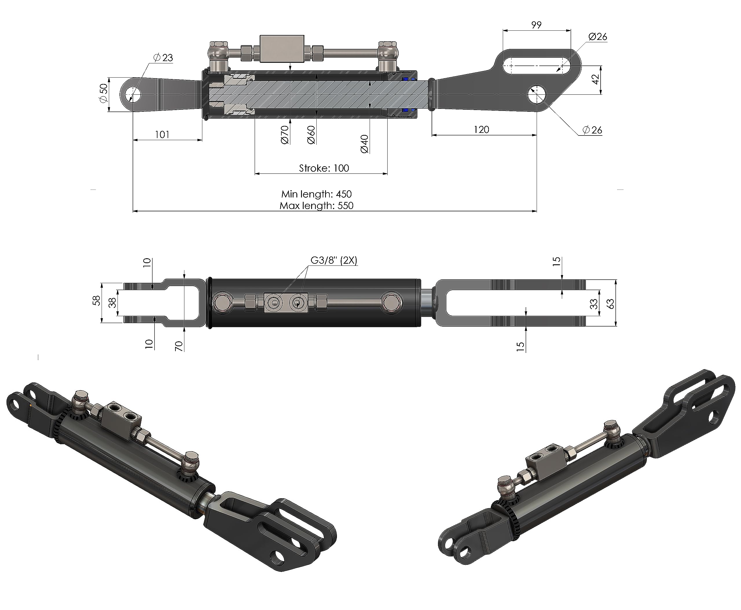 Hydraulischer Hubstrebe mit Gabel für Mehrere Traktoren mit Hydraulikschläuchen (Min-Max : 450-550 mm)