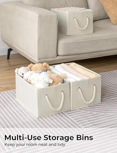 Miniatura 3 de StorageWorks - Canastas contenedoras de tela plegables para almacenamiento para organizar para estantes con asas color beige blanco y marfil paquete