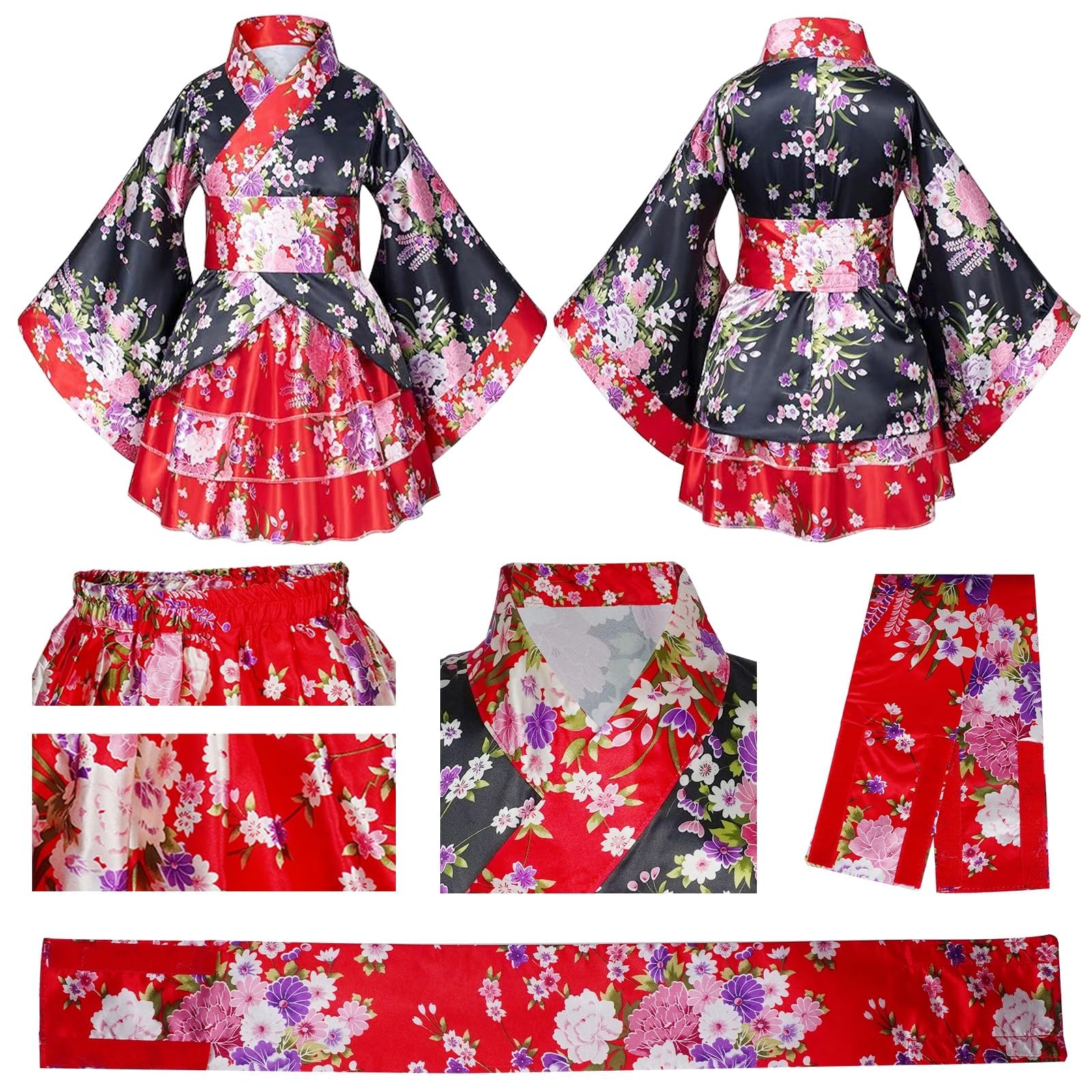 5 Pièces Ensemble Kimono Filles, Traditionnel Japonais Yukata Style Robe avec Accessoires, Idéal pour les événements culturels et les party à thème