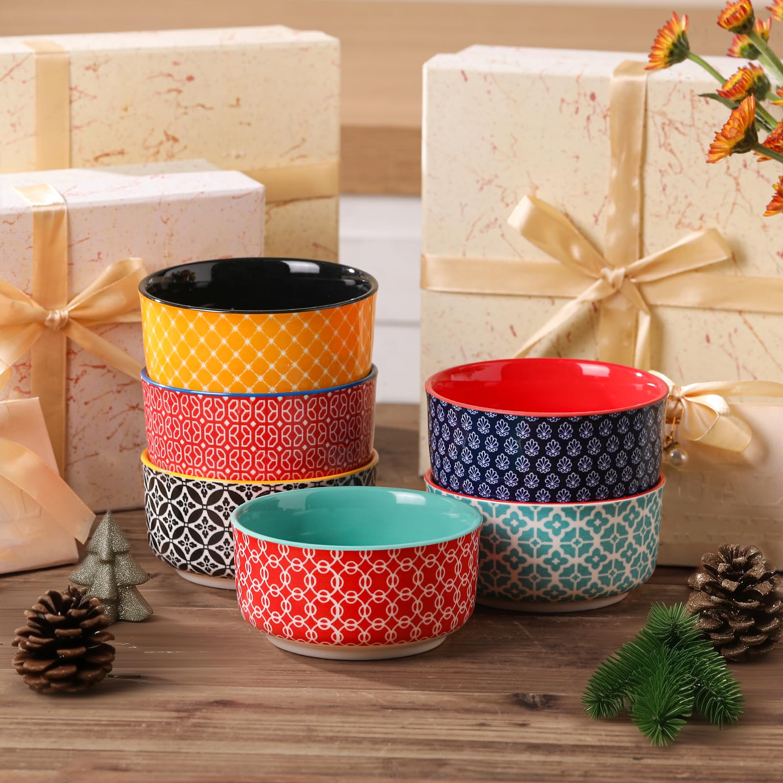 DOWAN Creme Brulee Schälchen 6er Set, 235 ml Porzellan Souffle Förmchen Backofenfest, Kleine Auflaufform, Ragout Fin Schalen, Mikrowellen-, Airfryer- und Spülmaschinenfest, Ø 10,5 cm Mehrfarbig