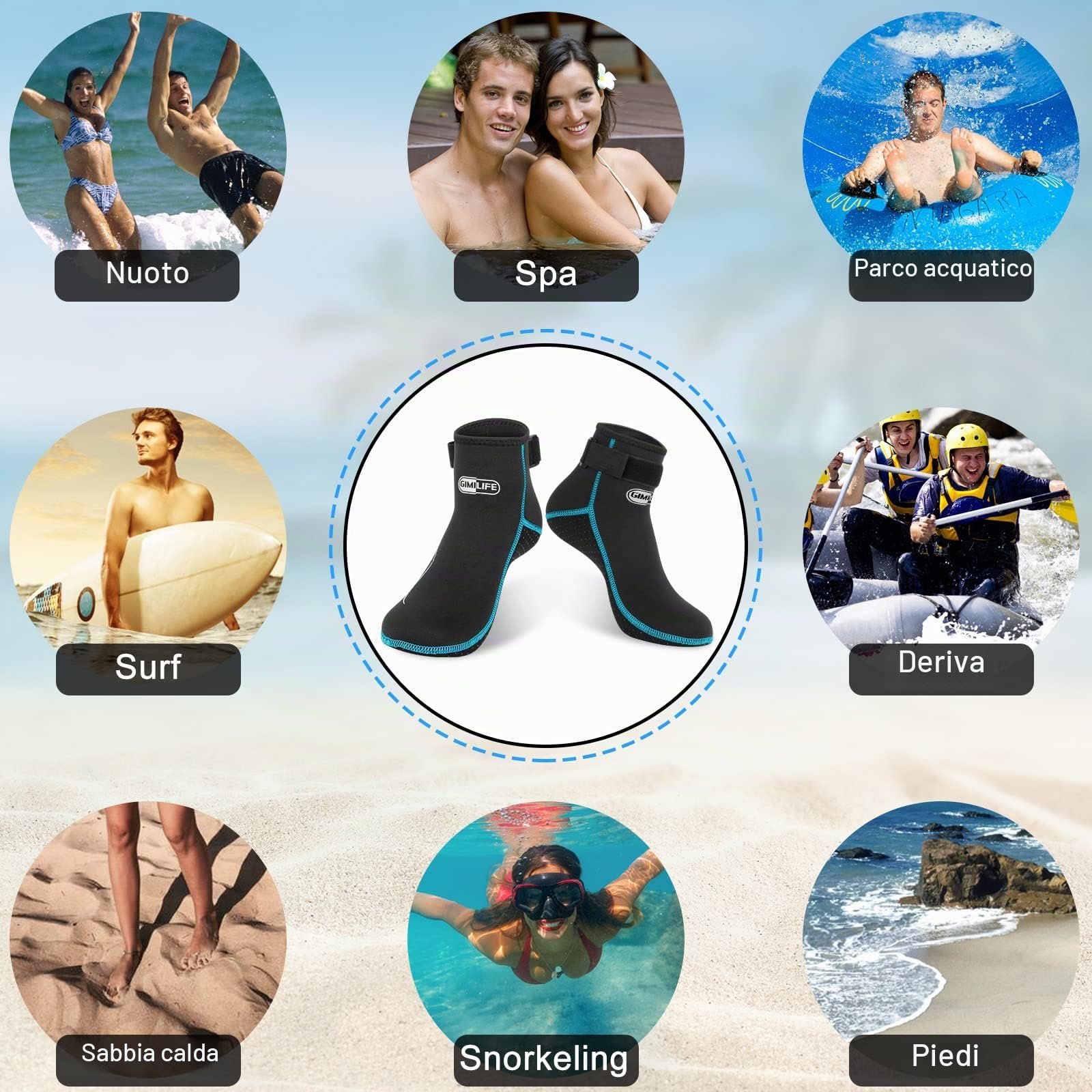 Gimilife Calzari Neoprene 3mm, Calzari Beach Volley per Uomo e Donna, Calzar i Sub, Calze per Piscina, Immersioni, Nuoto, Surf, Vela, Kayak(Stile Basso/Nero-Acqua,L)