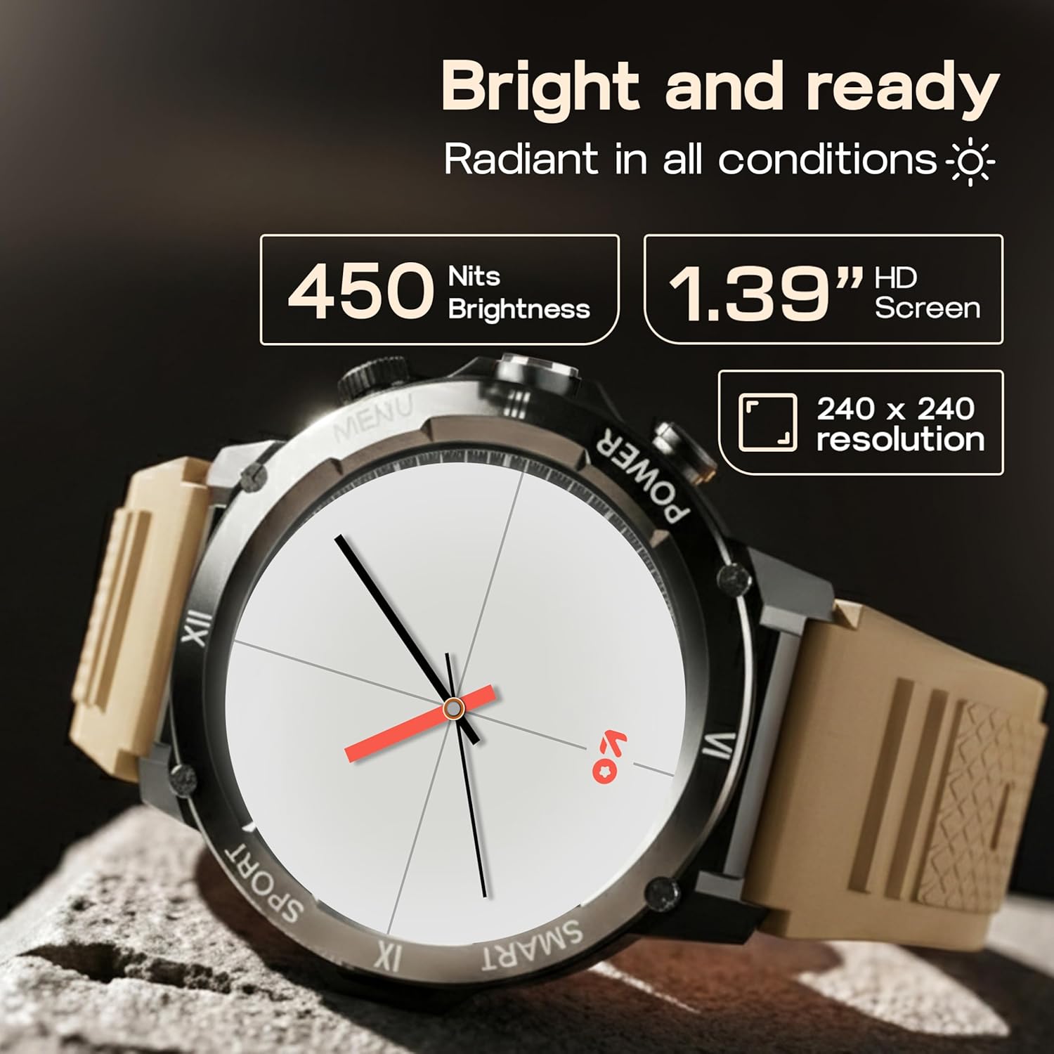 GOBOULT Tuff Hawk Smart Watch display showing 450 Nits Brightness and 1.39 inch HD Screen with 240x240 resolution.