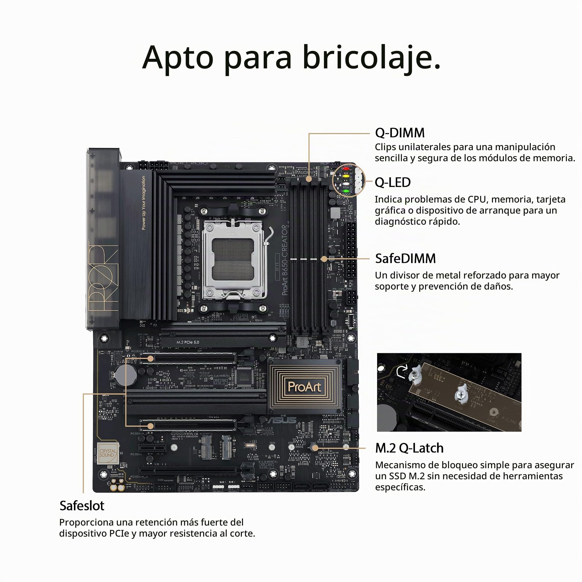ASUS ProArt B650-CREATOR - Placa Base AMD Ryzen AM5 ATX (VRM de 12+2 Fases (60A), PCIe 5.0 M.2, DDR5, 2.5 GB & 1 GB LAN, USB-C DisplayPort, 3 Ranuras M.2, USB4)