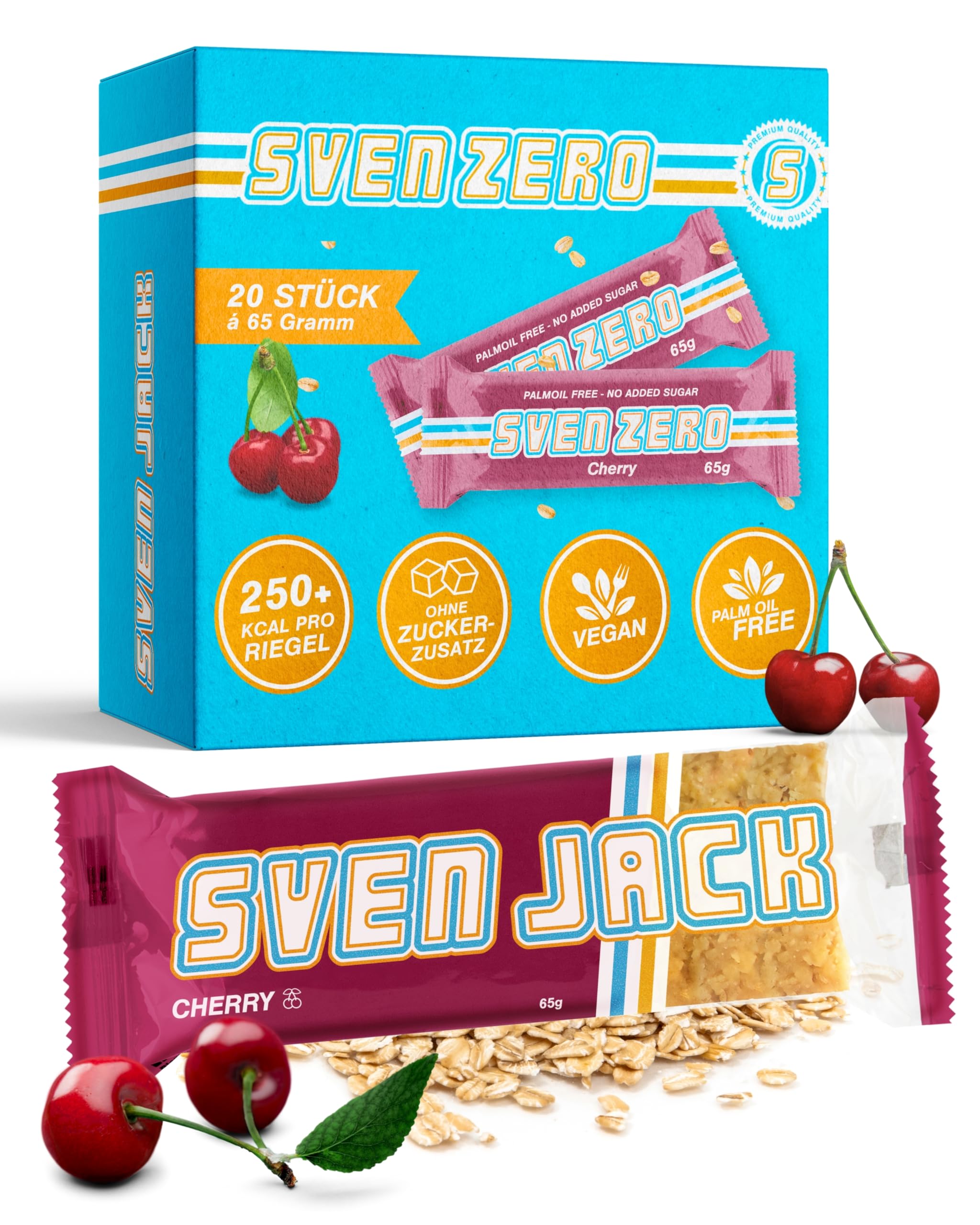 Sven Jack (Energy Cake) Haferriegel Cherry 20x 65g I Original Haferflocken Energieriegel I Veganer & Laktosefreier Haferriegel I Langkettige Kohlenhydrate & wenig Zucker I Müsliriegel