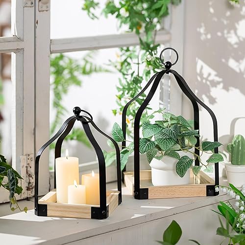 Miniatura 4 de Romadedi Farol de vela decorativo de granja, juego de 2 candelabros de madera rústica para decoración del hogar, sala de estar, comedor, cocina,