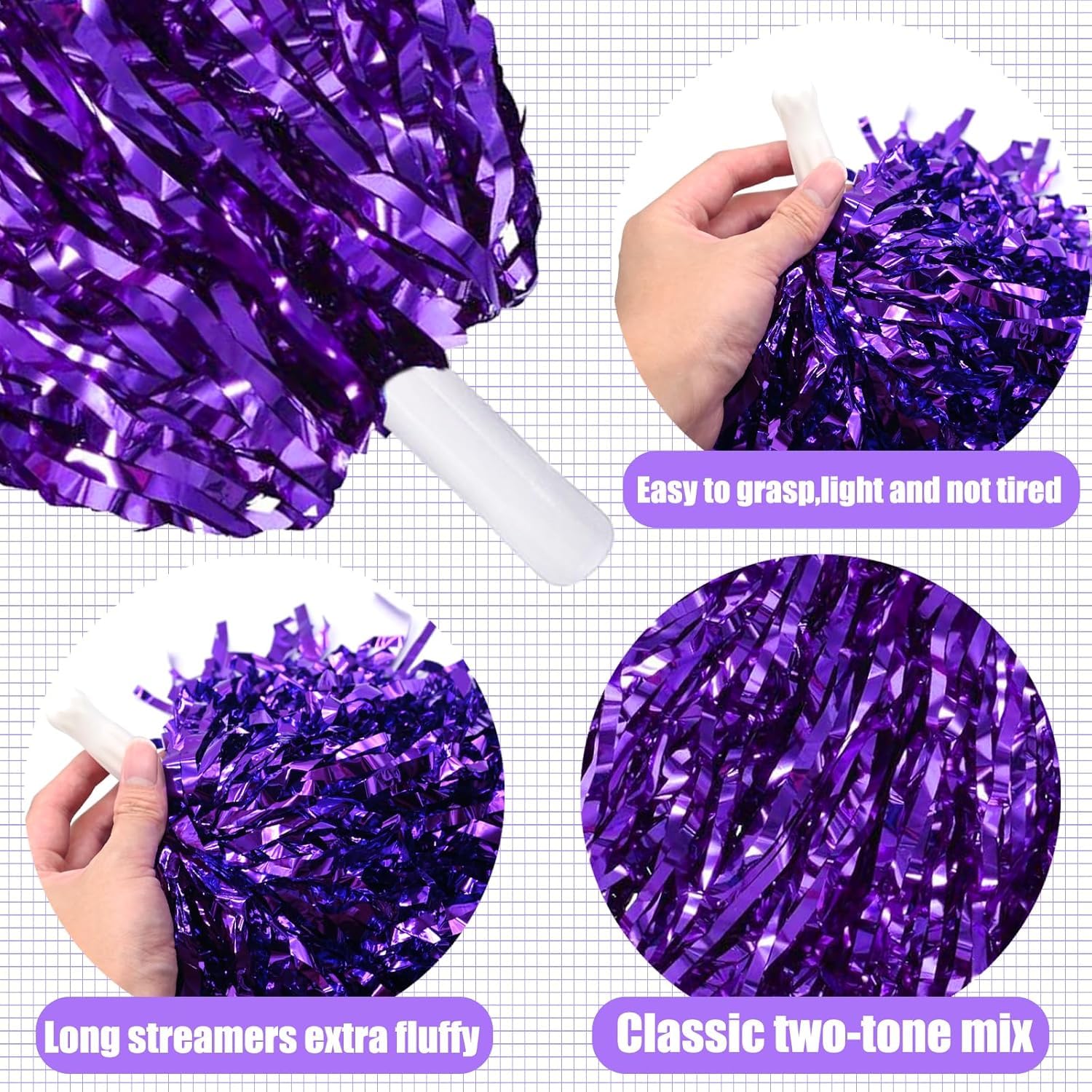 Wanna Party Cheerleading Metallic Foil Pom Poms with Baton Handle for Game Sports Squads Dancing Party Football Basketball Club Spirit Sports Stage Performance Celebration- Purple-1 Pc 2