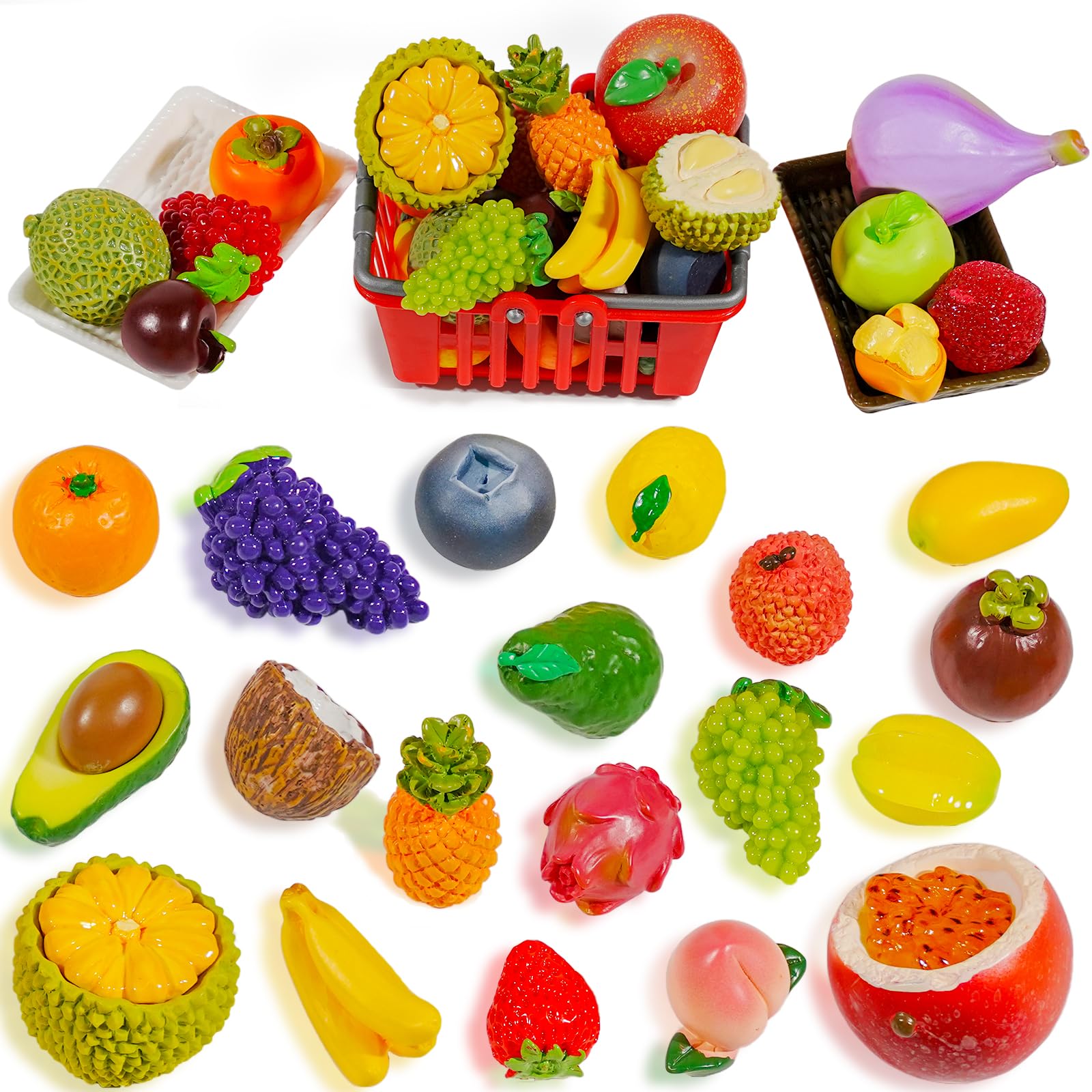 Exasinine 33pcs Miniature Fruits Figures Strawberry Peach Grapes Mini Resin Figures Artificial Fruit for Garden Kitchen Game Party Decor Cake