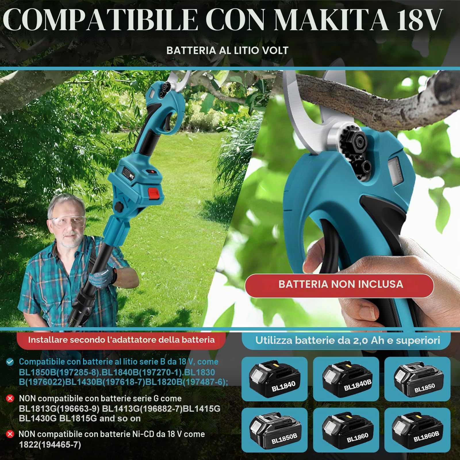 Troncarami compatibile con Makita 18 V (senza batteria), con 8.5ft asta di prolunga, diametro di taglio massimo 30 mm, display LCD, troncarami elettrici ricaricabili (con asta di prolunga)
