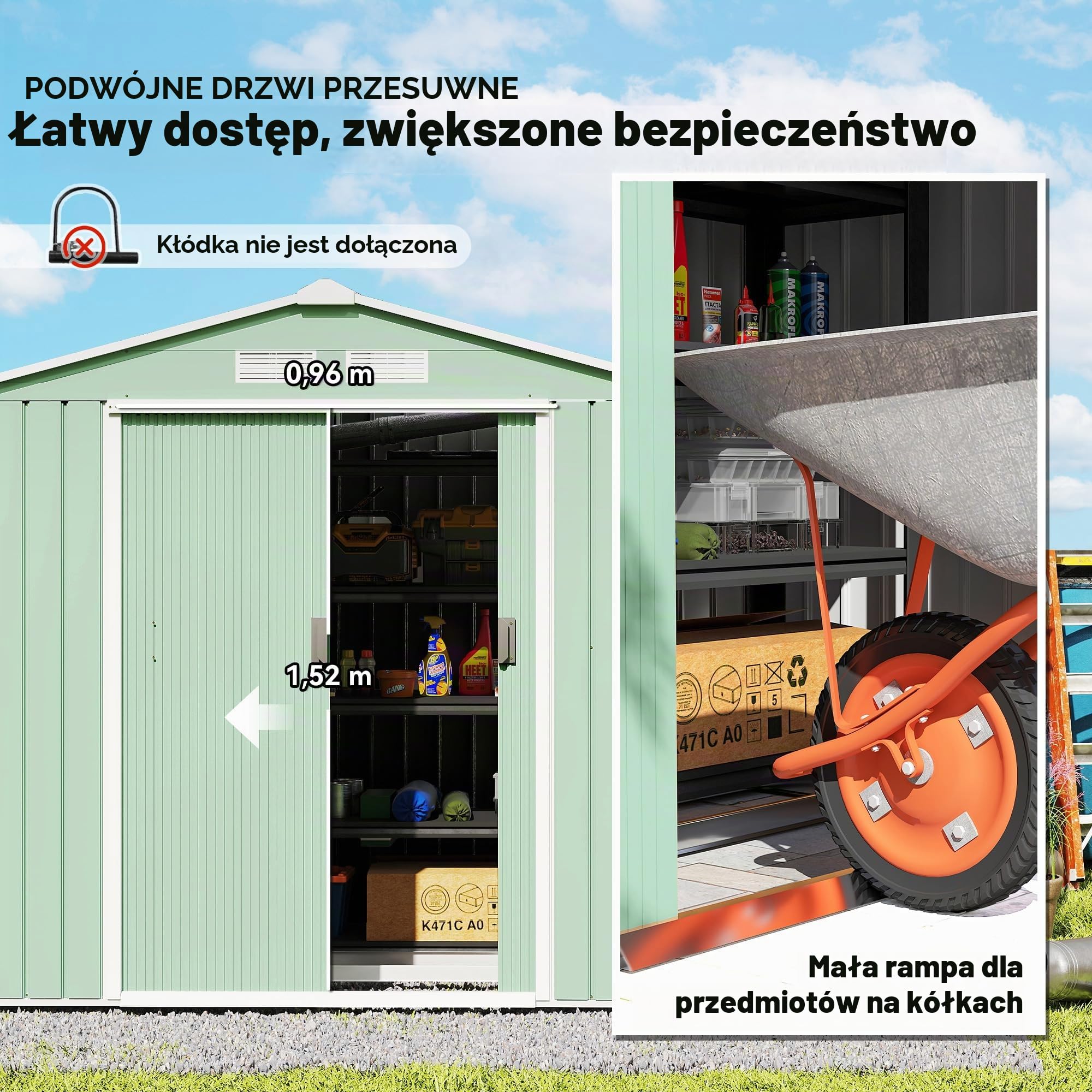 Outsunny Metalowy domek ogrodowy 2,42 m² 213 x 130 x 185 cm, jasnozielony
