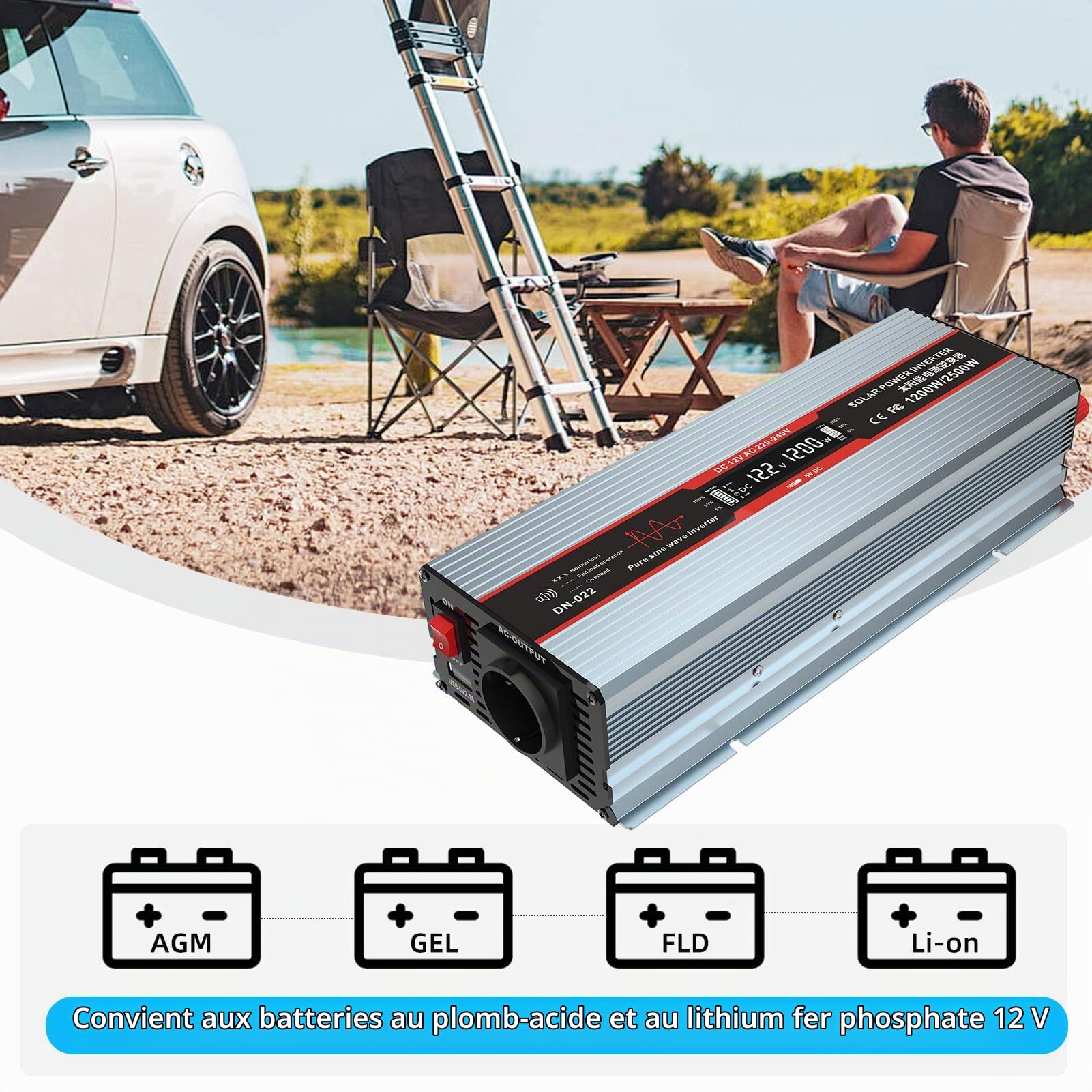 DATOUBOSS Convertisseur 12v 220v Pur Sinus 1800W Onduleur, Transformateur de Tension avec Prise EU de Courant Alternatif, Port USB Et écran LCD, pour Appareils Ménagers Voiture Caravane Camping Voyage
