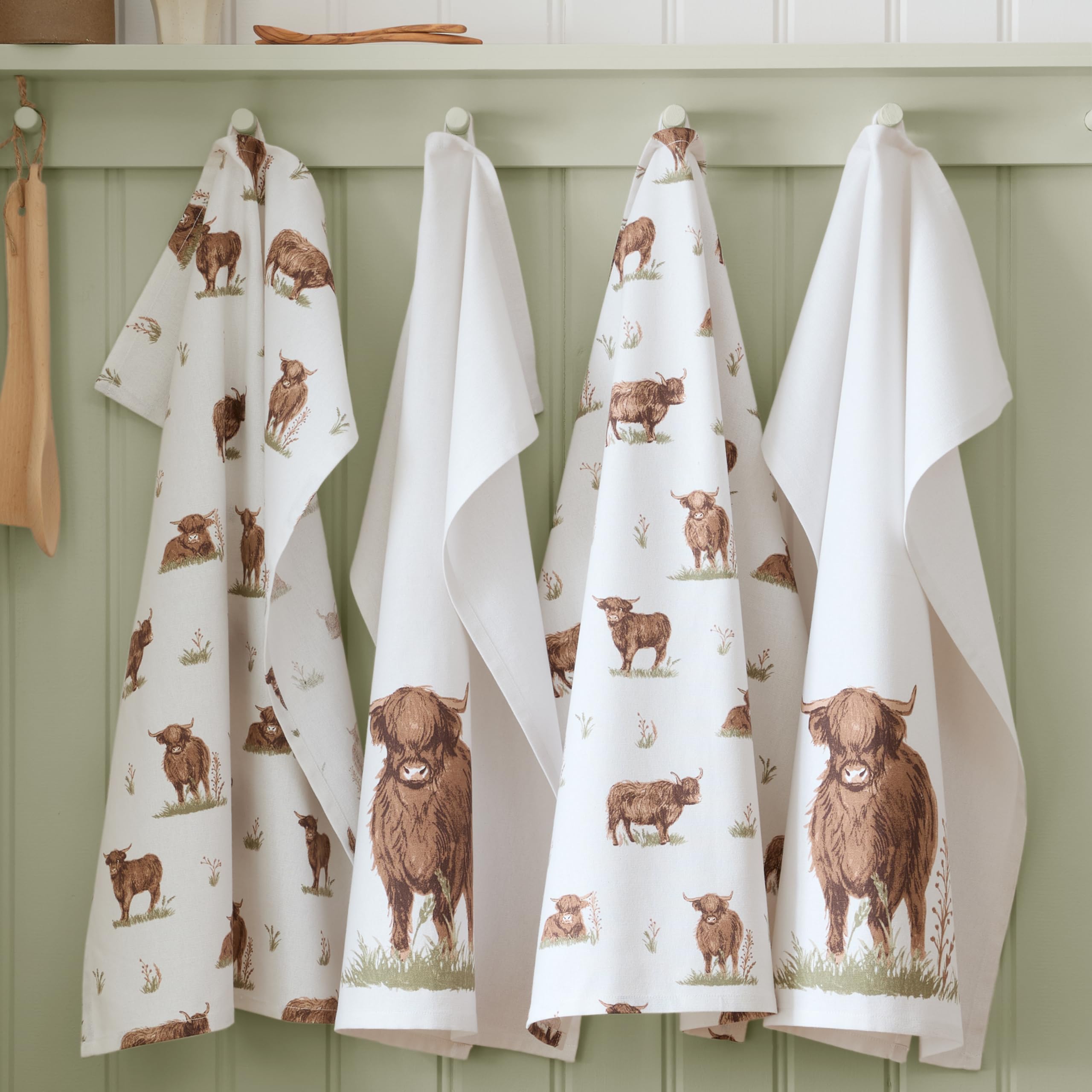 Catherine Lansfield Angus Highland Cow Cotton 50x75cm Kitchen Tea Towel Pack of 4 Natural