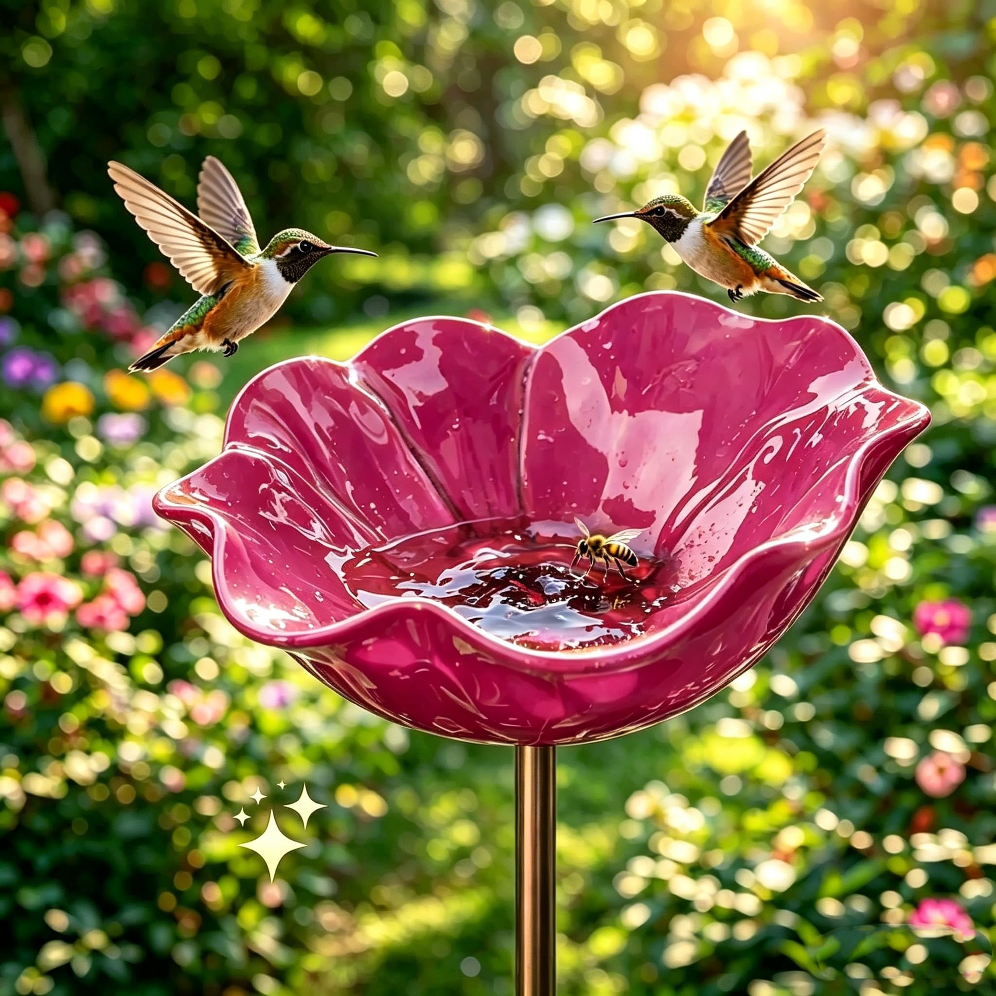 Handmade Flower Bird Bath, Novelty Flowers Metal Birds Baths for Garden, Weather Resistant Bird Feeder Weatherproof Flowers, Outdoor Yard Garden Decor (Rose Red)