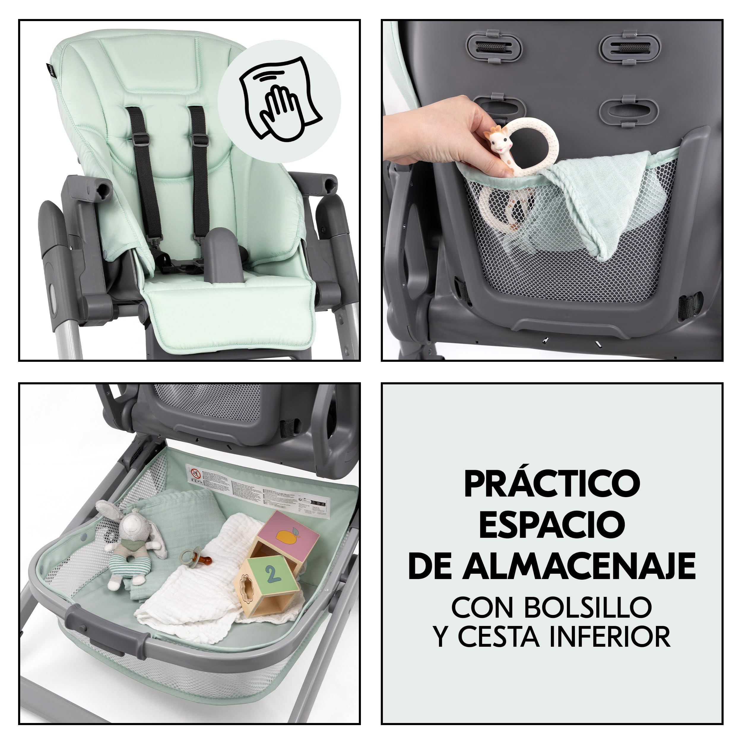 hauck Grow Up Tronas de Bebe Plegables Aptas desde el Nacimiento – Silla Alta con Función Acostada - Bandeja - Ruedas - Altura Regulable - Evolutiva - Portátil - Menta