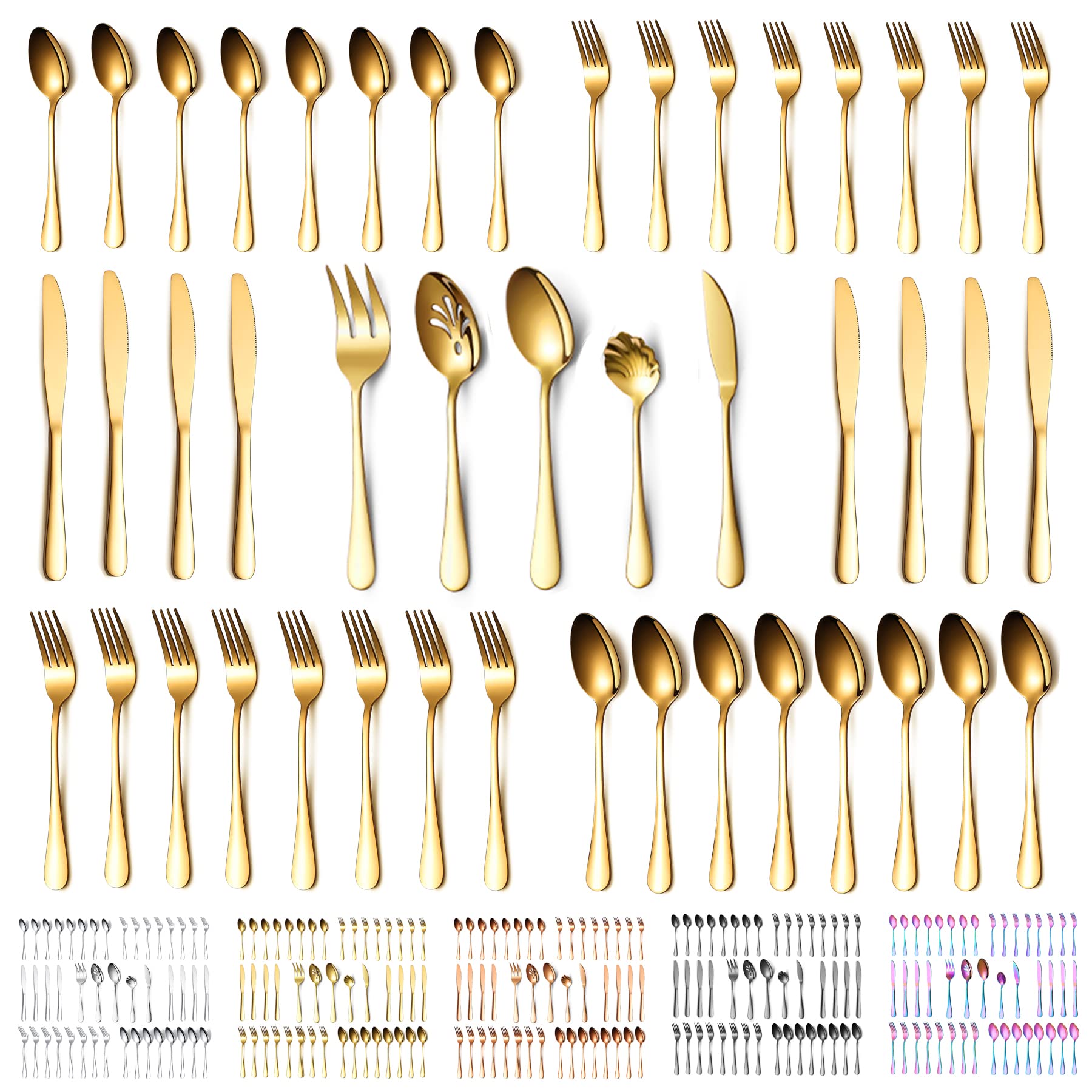 Kyraton Gold Silverware Set 45 Pieces Service for 8,Titanium Golden Plating Flatware Sets Cutlery Set, Spoons and Forks Silverware Dishwasher Safe, First Apartment Must Haves Utensils Set