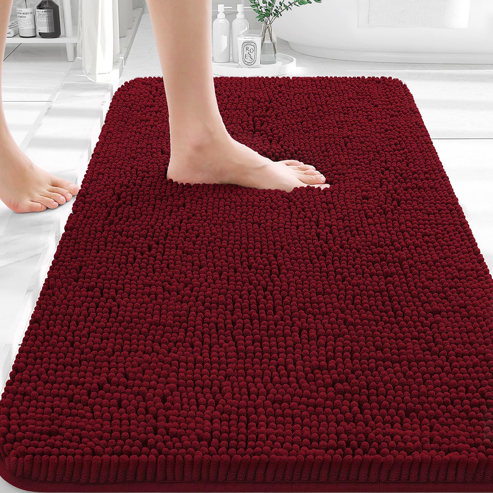OLANLY Small Bathroom Rugs 30x18, Extra Soft Absorbent Chenille Bath Rugs | Burgundy, Quick-Drying Rubber Backing, Machine Washable Bath Mat for Bathroom Floor, Tub and Shower, Home Decor Accessories
