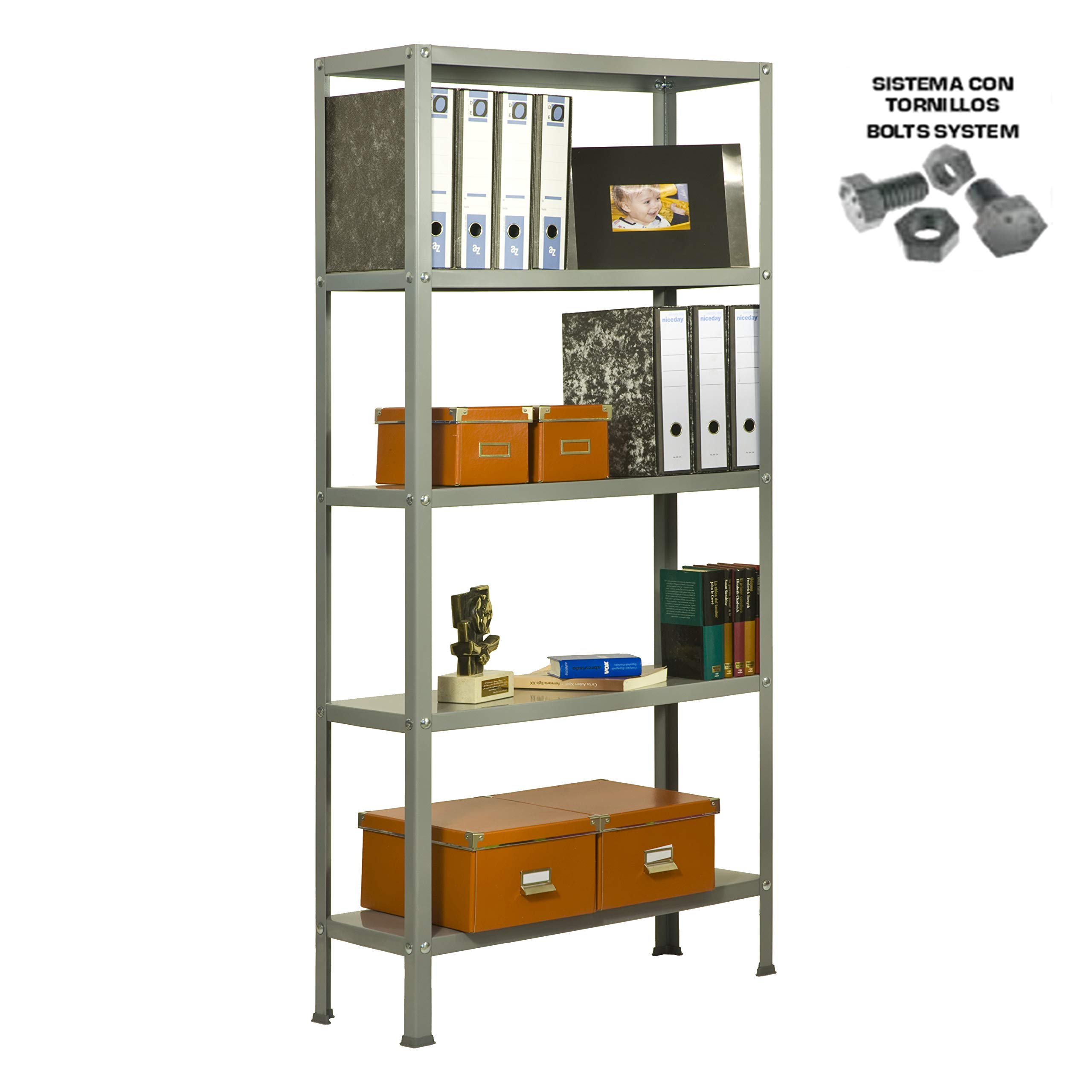 Simon Rack Librería Estanteria Salon, 1800x800x300 mm, 5 Alturas, Estilo Industrial, Metálica, Gris - Simon Home