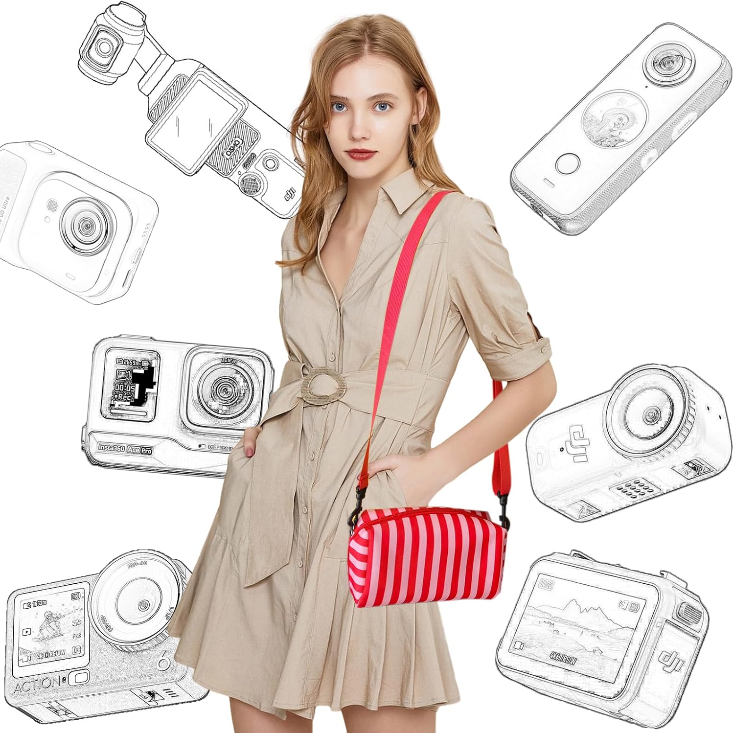 Action Camera Carry Case Crossbody Sling Bag Shoulder Purse for DJI Osmo Pocket 3 Go Pro Action 5 Pro Insta 360 X4 Action Sport Camera Accessories Red