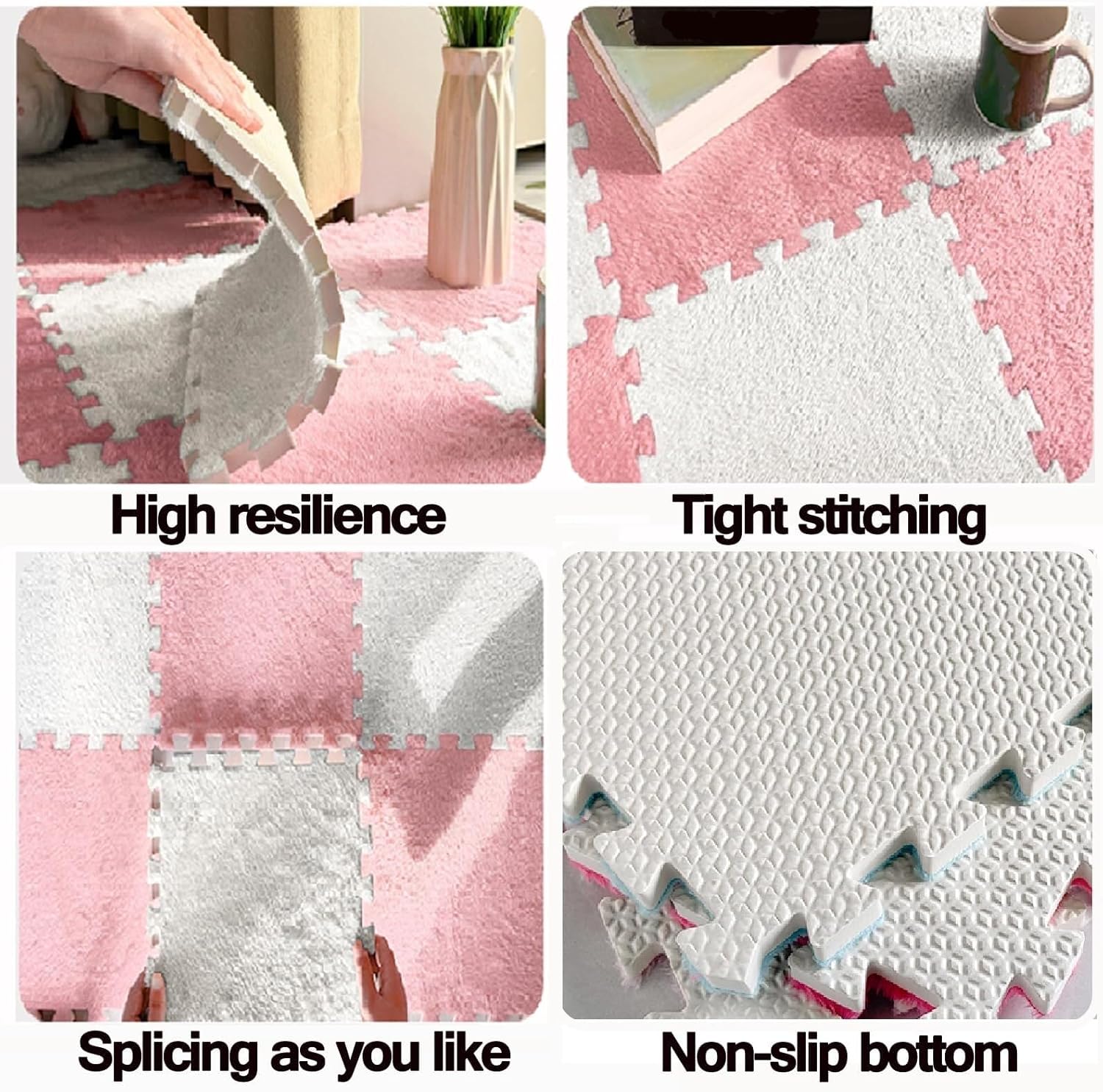 30x30x1cm Square - 100pcs Fluffy Carpet Puzzle Mats for Floor Plush Foam Mat, Interlocking Carpet Tiles for Children Kids Room Home Parlor Bedroom(White+Light Gray)