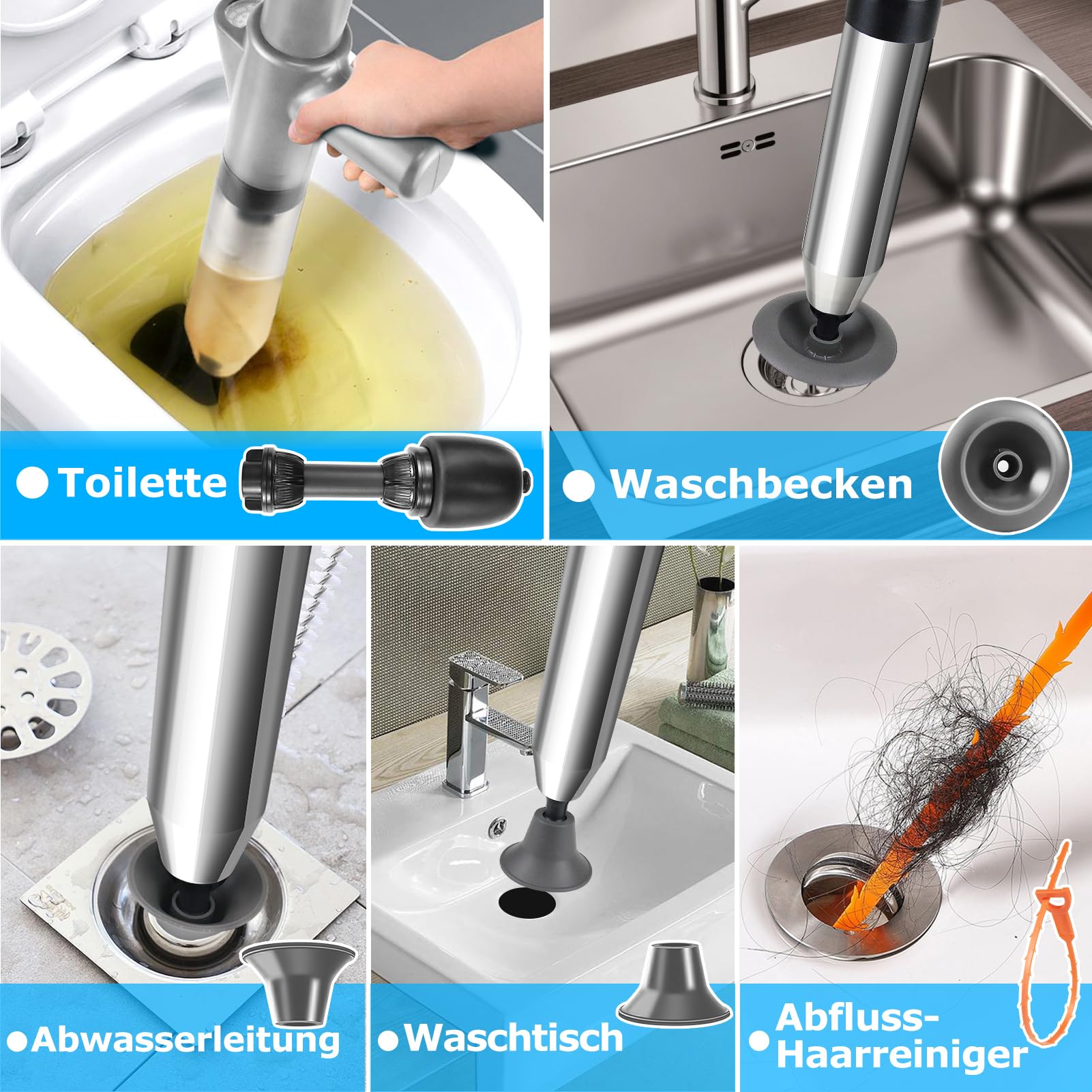 Pompe de débouchage haute pression avec indicateur de pression d'air, déboucheur d'air comprimé avec 4 ventouses, ventouse grise pour lavabo, toilettes, salle de bain, douche, cuisine