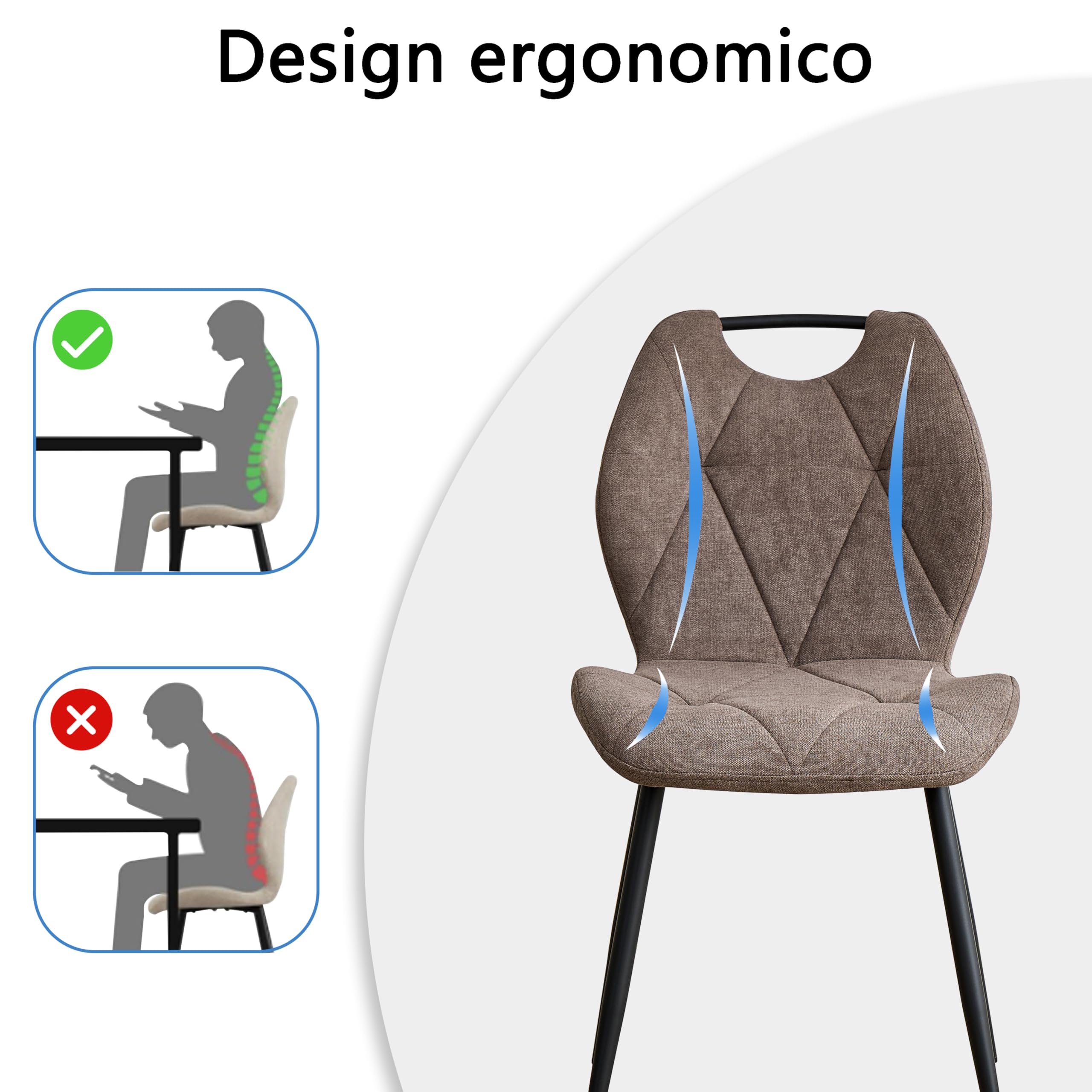 Juego de 4 Sillas, Sillas de Comedor Tapizadas, Sillas de Cocina de Estilo Escandinavo, Patas de Metal, Cojines de Tela con Estampado de Rombos y Asas, Marrón