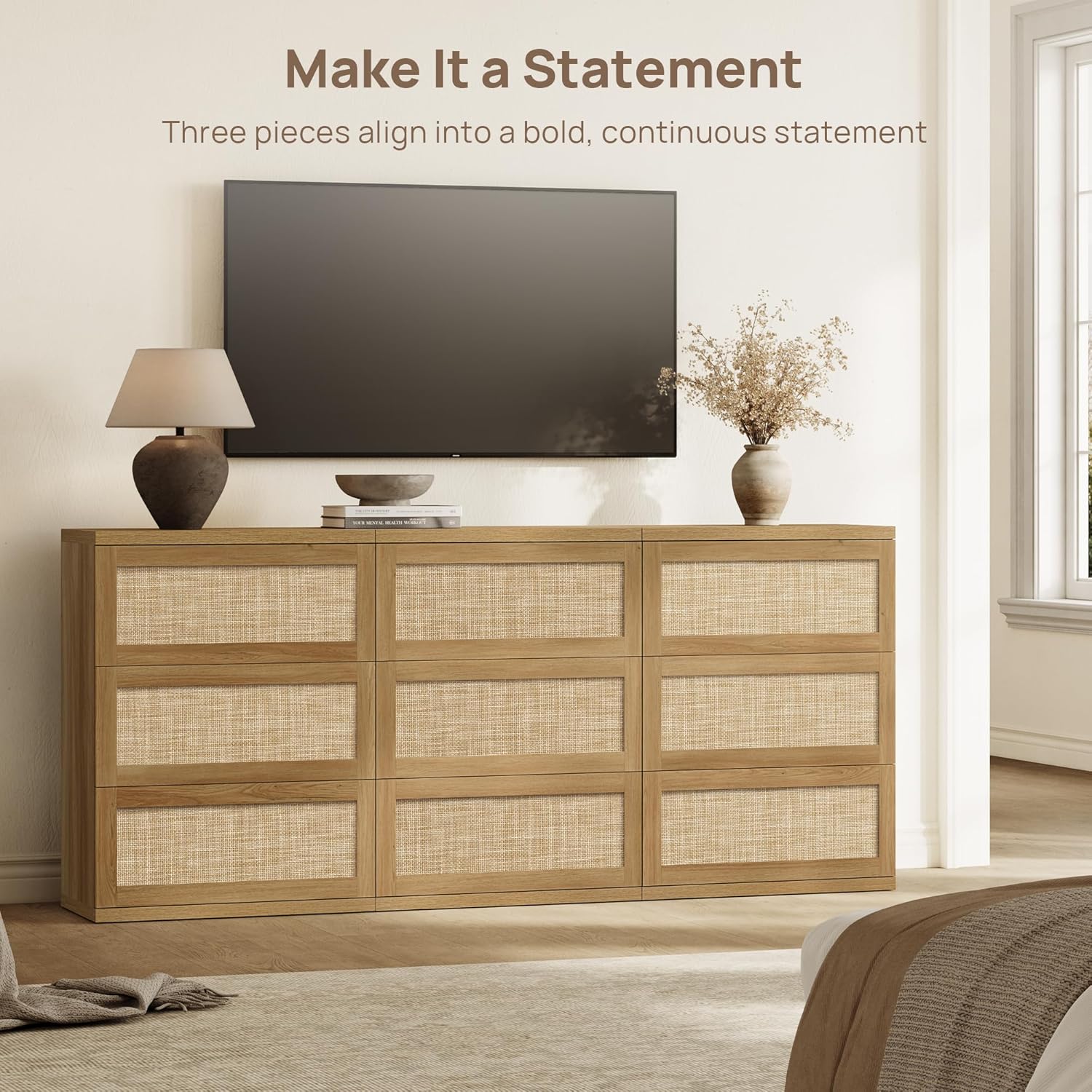 SICOTAS 3-Drawer Rattan Storage Cabinet, Modular Boho Dresser for Bedroom, Slim Entryway Console Table, 25" Narrow Sideboard & Credenza for Small Spaces