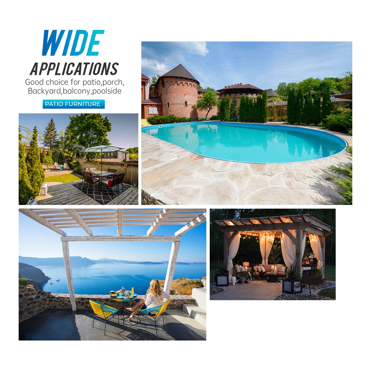 FDW 3 Piece Outdoor Furniture Set Patio Gray Wicker Chairs Furniture Bistro Conversation Set 2 Rattan Chairs with Blue Cushions and Glass Coffee Table for Porch Lawn Garden Balcony Backyard