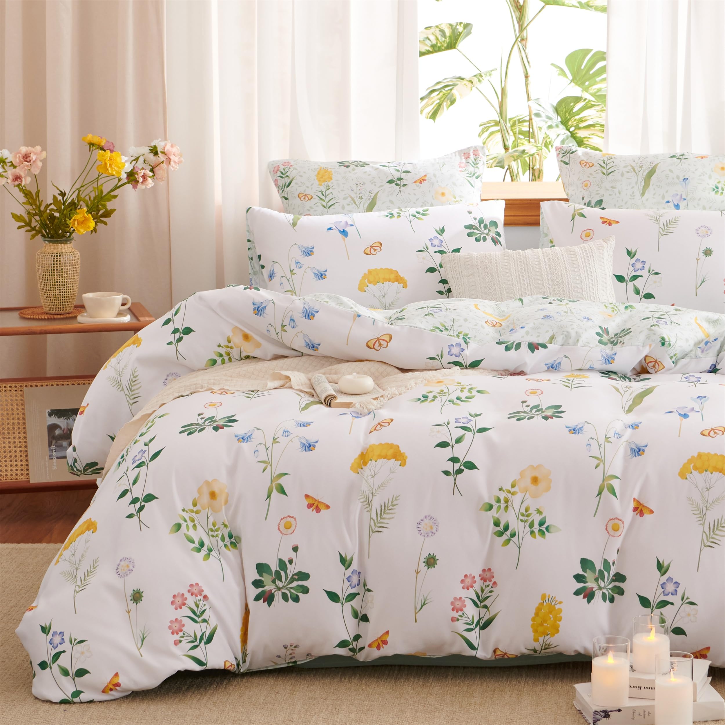 Freyamy White Floral Double Duvet Cover Set 3pcs Aesthetic Flower Bedding — image 1