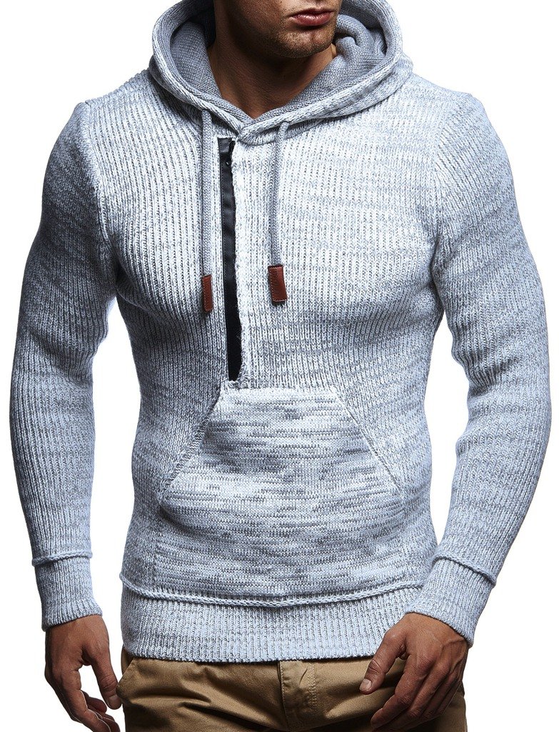 Leif Nelson Herren Pullover mit Kapuze Slim Fit Longseleeve Schwarzer Männer Strickpullover - Sweatshirt - Winterpullover Kapuzenpullover - Hoodie Pulli Langarm LN5450 Ecru-Grau XX-Large