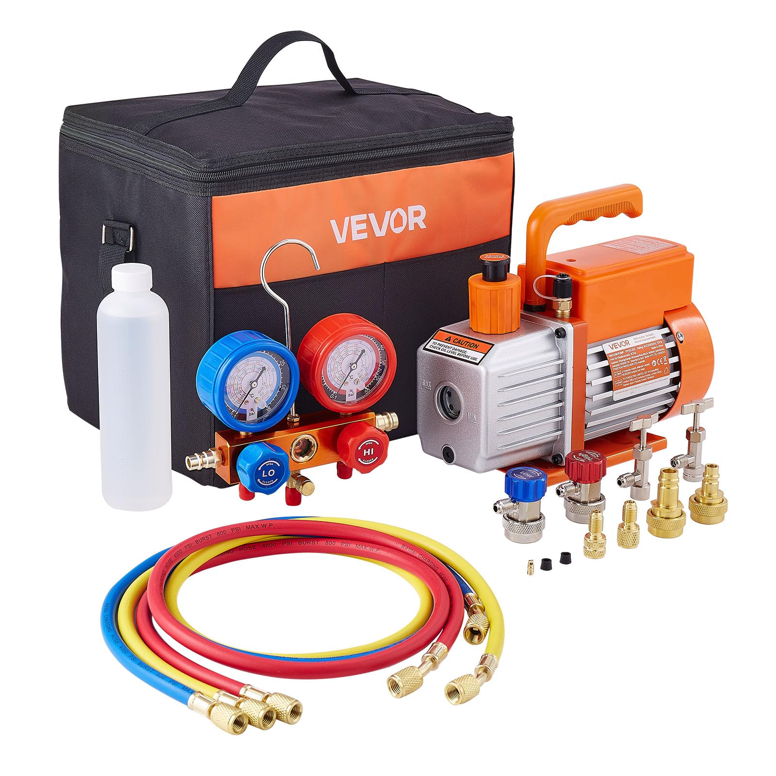 VEVOR Pompa a Vuoto Manometro 115 L/​min per AC, Pompa per Vuoto a Palette Rotanti Monostadio per HVAC, Kit Manometro con Rilevatore di Perdite, Borsa per Trasporto, Kit per Aria Condizionata Auto