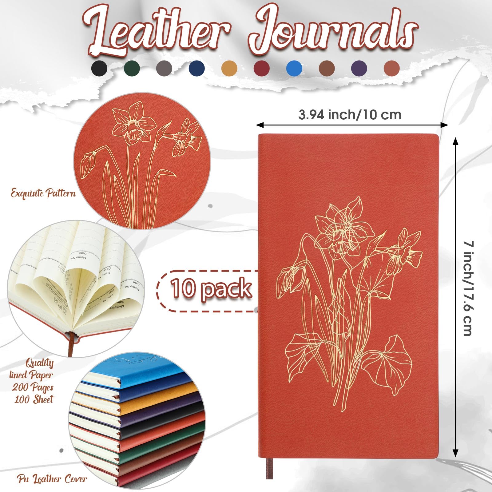 Cholemy Paquete de 10 diarios de escritura floral en espiral a granel lindo cuaderno estético para mujer, tapa dura, cuaderno de cuero A6, cuaderno de rayas universitarias, 200 páginas a rayas para
