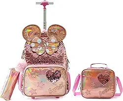 Mochila Rodinha Escolar Infantil de Lancheira e Estojo Lápis Ideal para Meninos e Meninas de 7 a 12 Anos (Coração de Borboleta)
