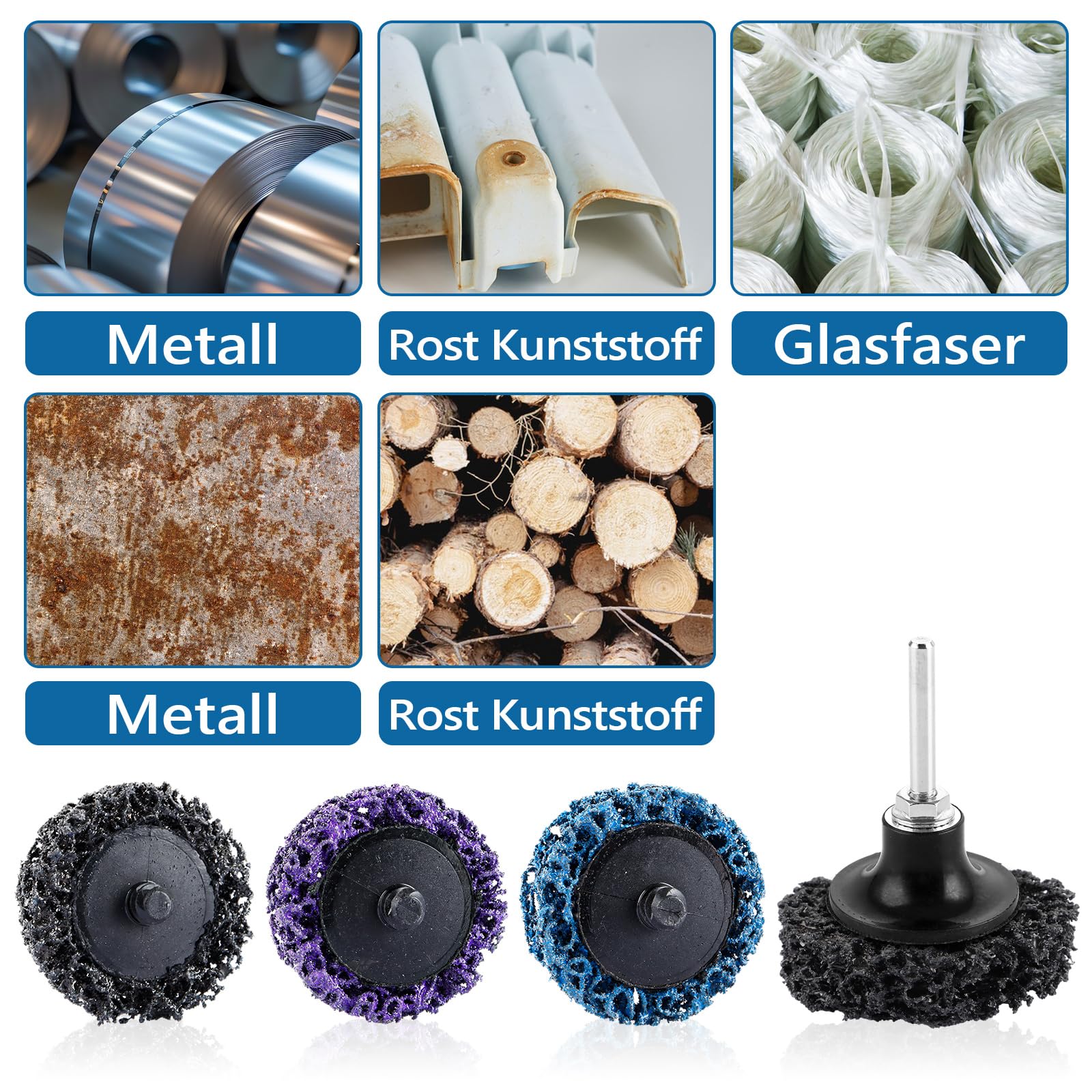 63 Pièces Disque Abrasif 50mm Kit Poncage Papier A Poncer, 60 Feuilles Noires Bleues Violettes, Tiges Ronde Hexagonale Plateau pour Accessoire Perceuse Métal Bois