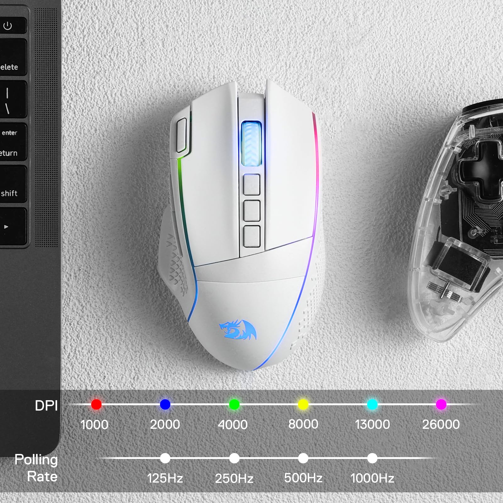 Redragon M991 Mouse Wireless 26000 DPI 3 Modalità 9 Tasti Bianco | mouse gioco wireless 26000 DPI 3 modalità tasto avvio rapido 9 tasti macro batteria RGB PC Mac bianco