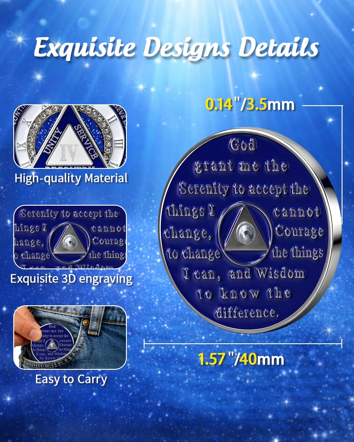 Jeton de sobriété de 4 ans – Strass éblouissants trois plaques AA et médaillon de sobriété jeton de récupération pour homme et femme