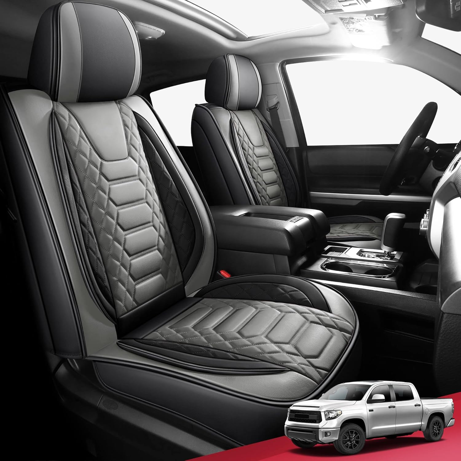 FREESOO Tundra Seat Covers 2 Front Set, Fit for Toyota Tundra 2007-2021 Crewmax Cab, Custom Truck Seat Covers with Waterproof Faux Leather BlackGrey