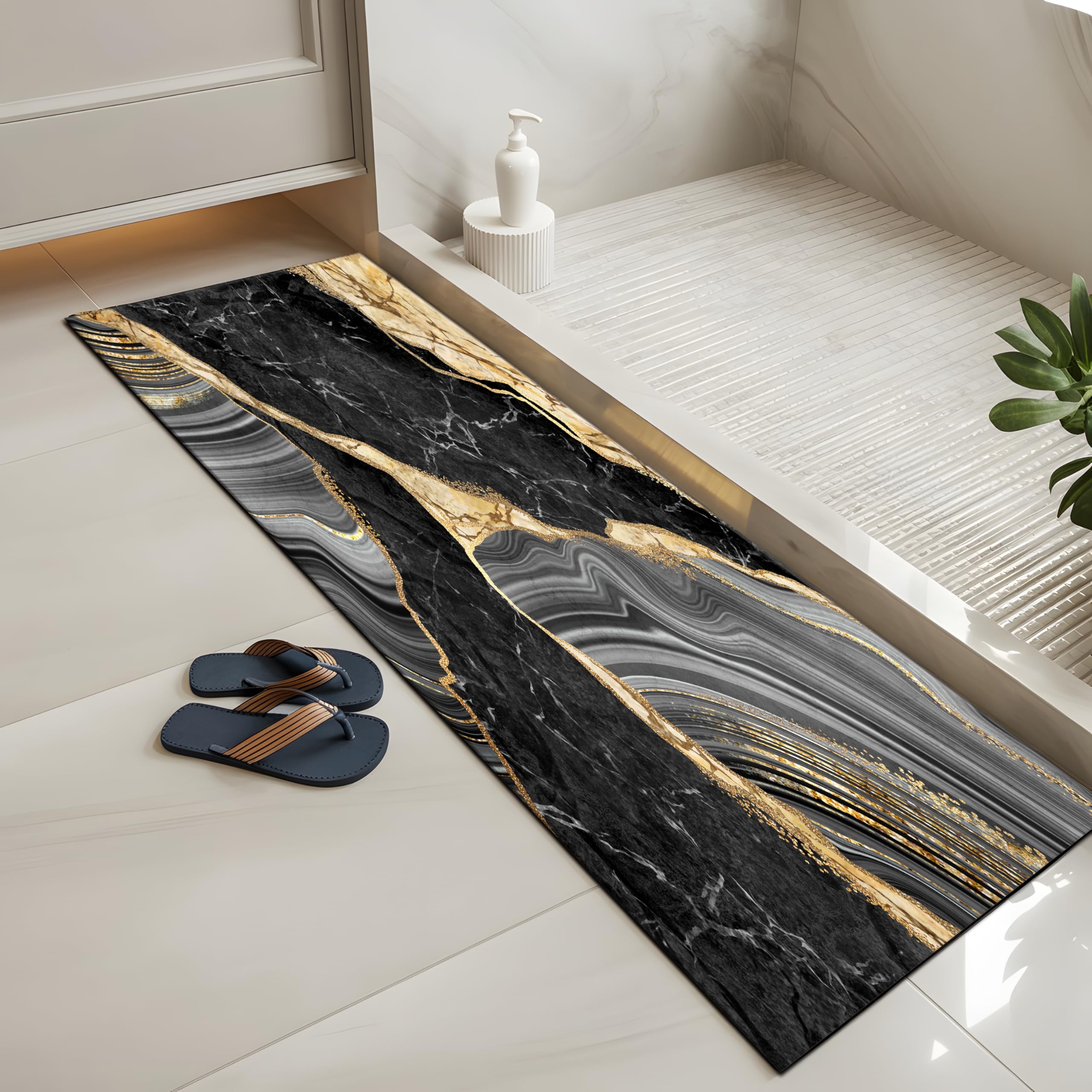 Photo 1 of FNLNDO Black and Gold Bathroom Rugs Marble Long Runner Rug Bath Mats Gold Bathroom Decor Absorbent Non Slip Shower Mats with Rubber Backing for Home Laundry (17"x 47", Black & Gold Marble)