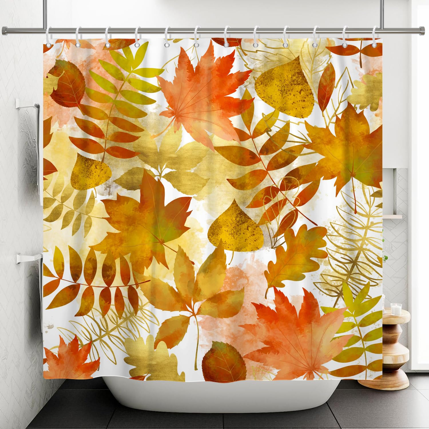 ASDCXZ Shower Curtain Autumn Orange Leaves 90x180 cm, Fall Orange Maple Leaves Plants Washable Shower Curtains Bathroom Decor Waterproof Polyester Textile Bathtub Curtain with 6 Hook — image 1