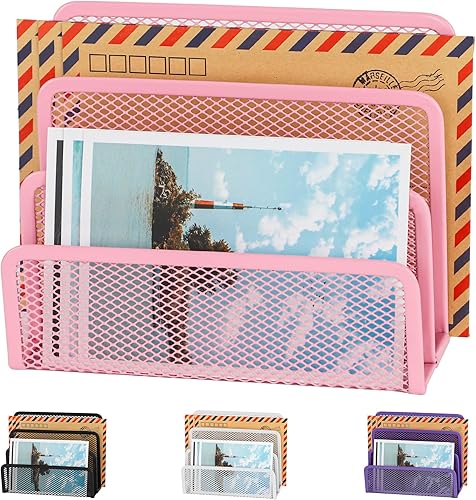 EASEPRES Desk Mail Organizer, Office Small Desktop Metal Mesh Envelope Letter Sorter Paper File Holder Organizer with 3 Vertical Upright