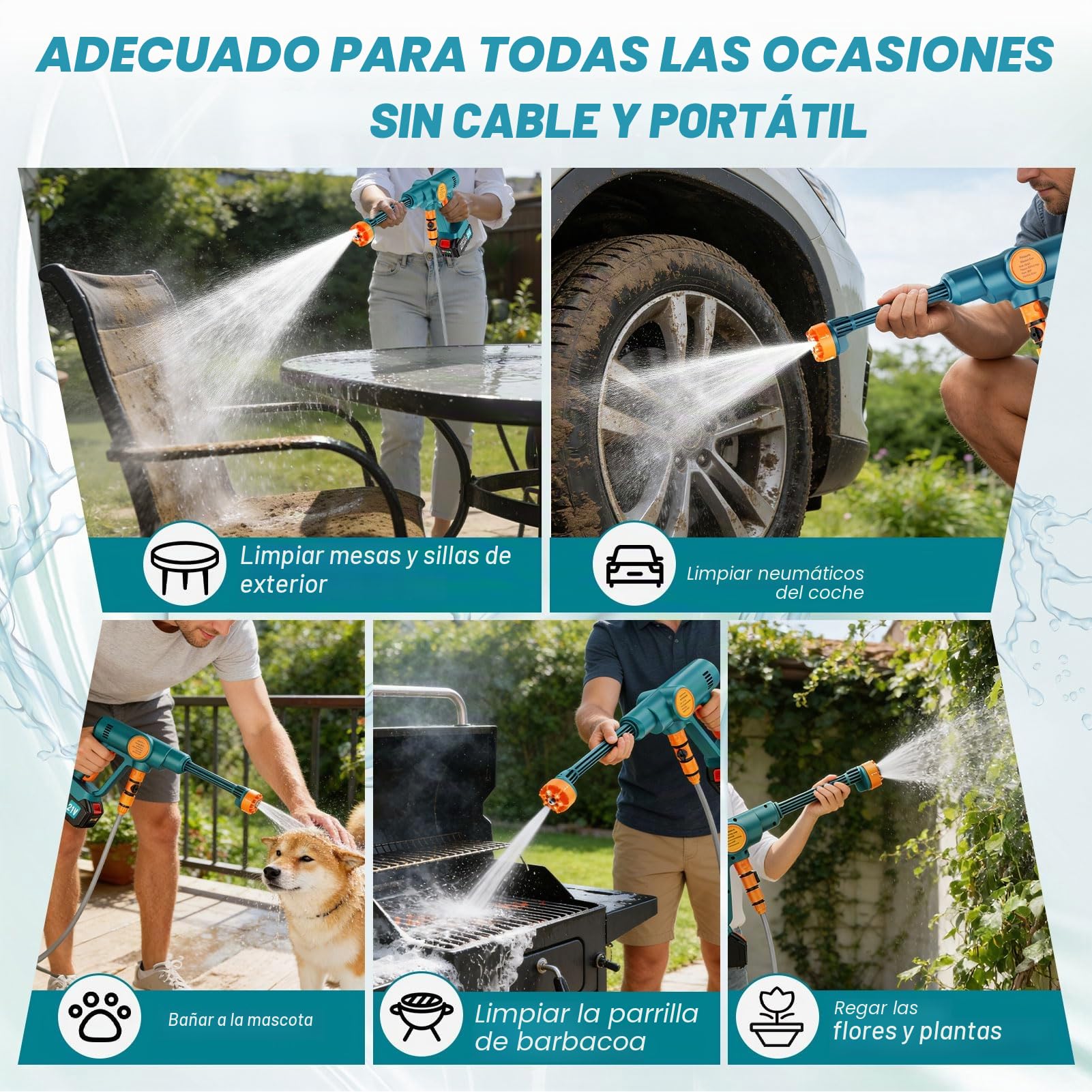 Hidrolimpiadora Bateria,Hidrolimpiadora de Alta Presion con 2 Baterías 3000mAh,Portátil Pistola de Agua a Presión,Boquilla 6 en 1 y Cañón de Espuma,para Limpiar Coche, Terraza, Jardín Limpieza y Riego